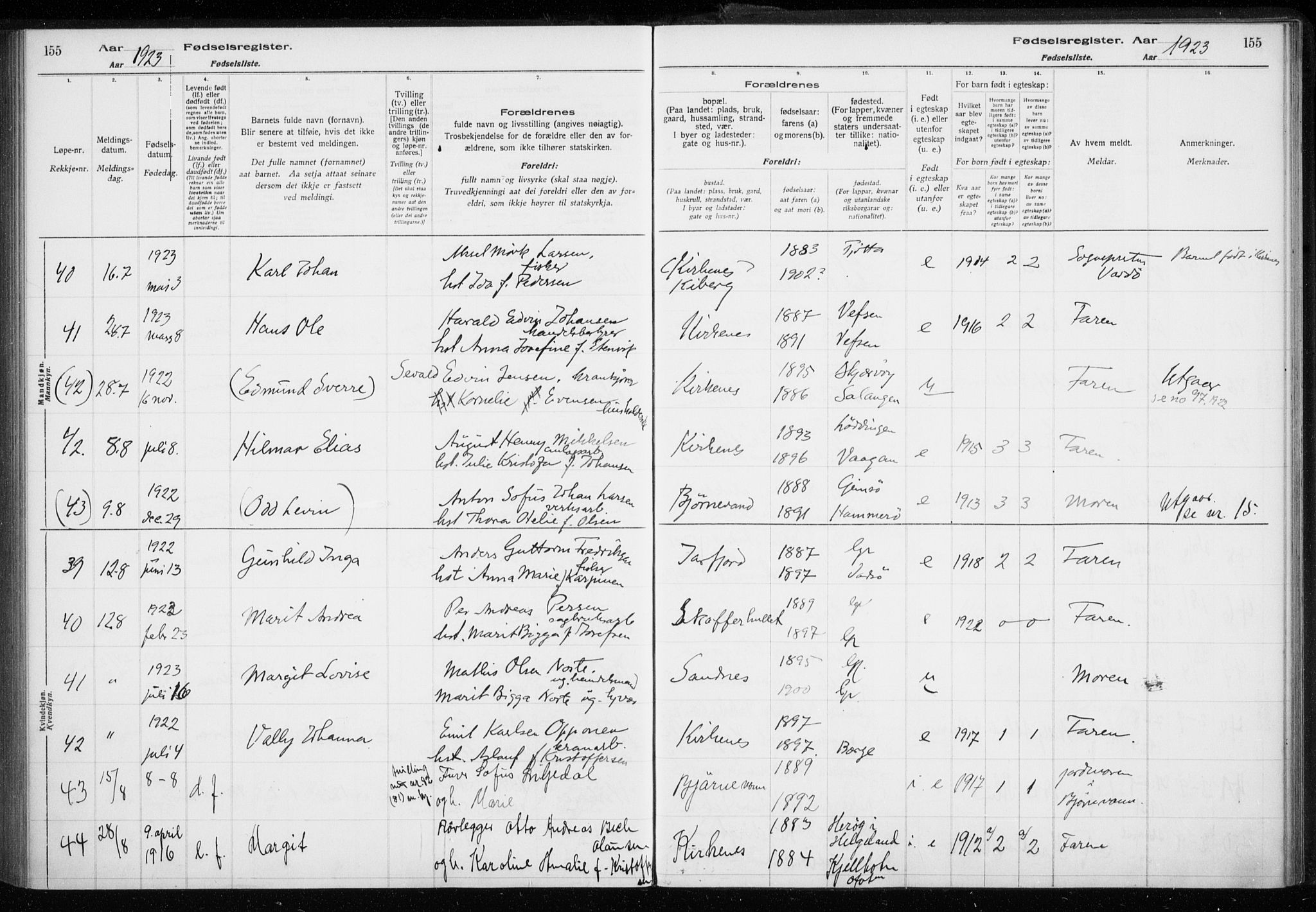 Sør-Varanger sokneprestkontor, AV/SATØ-S-1331/I/Ia/L0016: Birth register no. 16, 1915-1925, p. 155