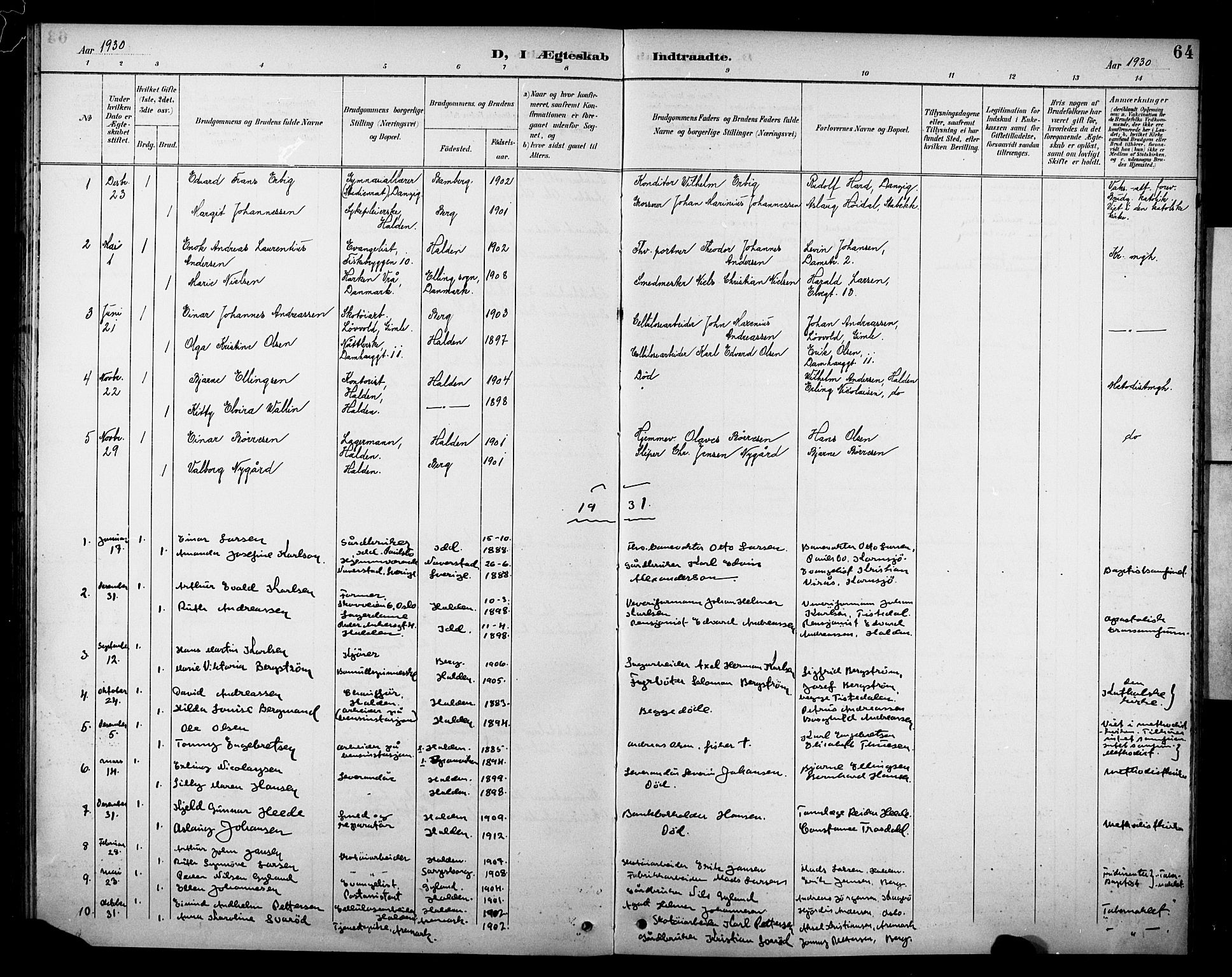 Halden prestekontor Kirkebøker, SAO/A-10909/F/Fb/L0001: Parish register (official) no. II 1, 1892-1932, p. 64