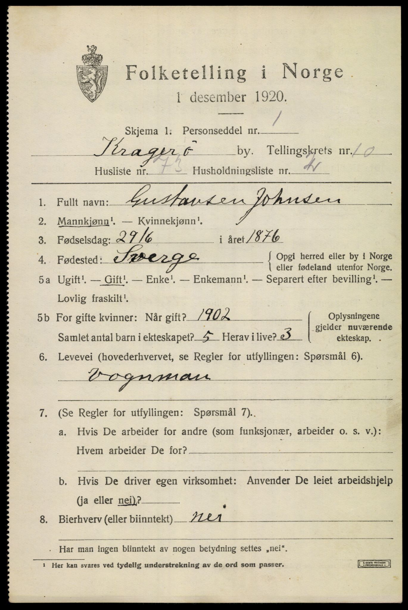 SAKO, 1920 census for Kragerø, 1920, p. 13877