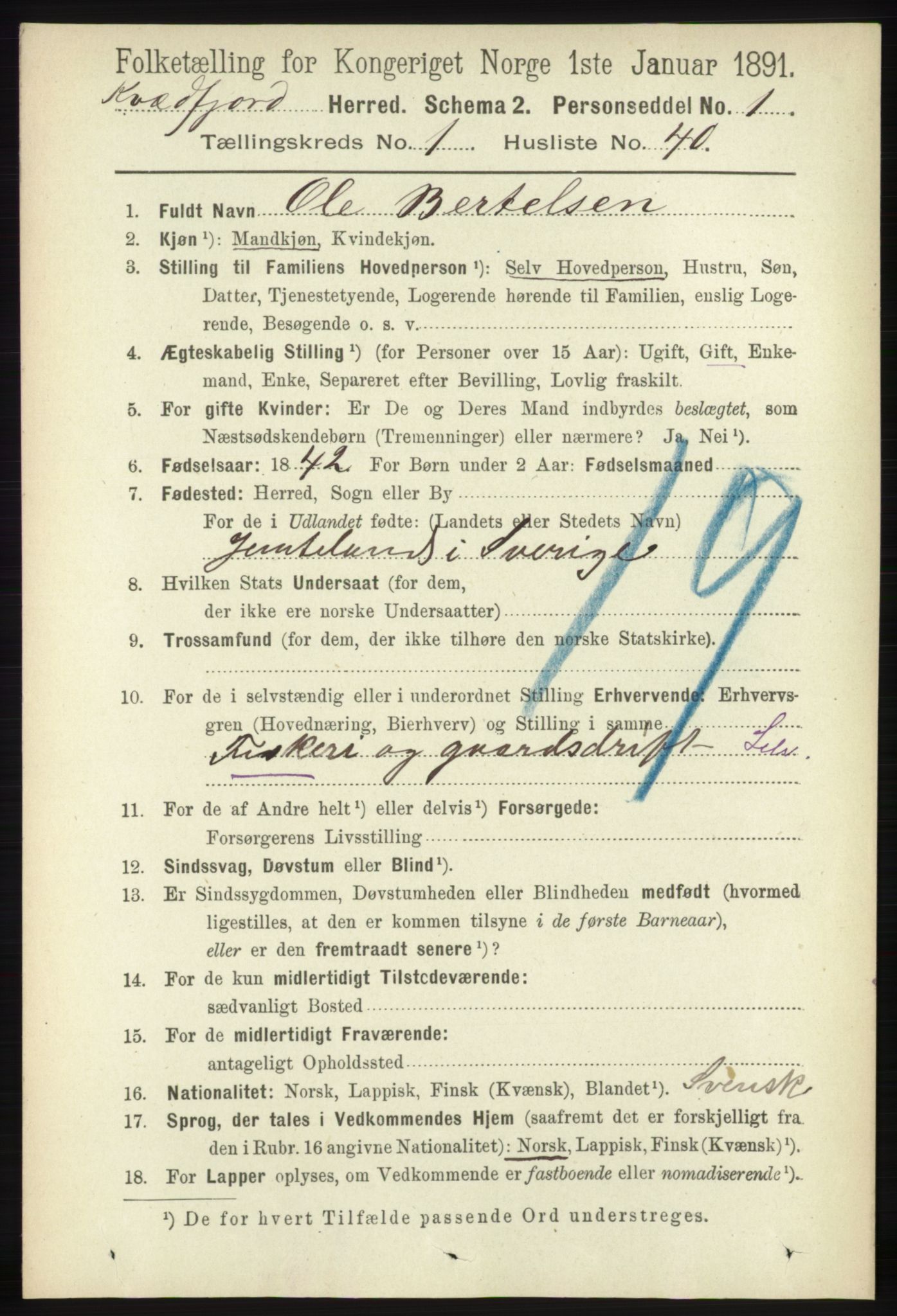 RA, 1891 census for 1911 Kvæfjord, 1891, p. 346