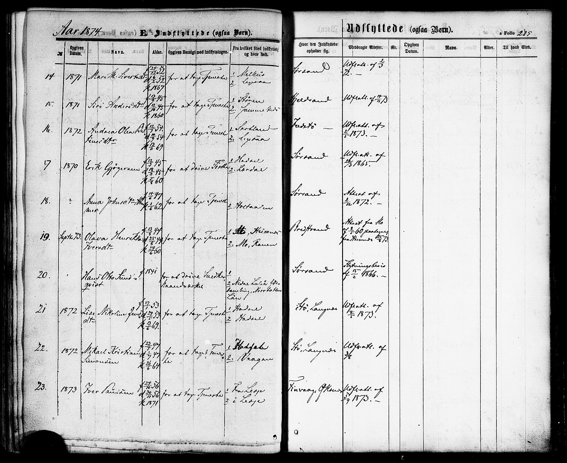 Ministerialprotokoller, klokkerbøker og fødselsregistre - Nordland, AV/SAT-A-1459/893/L1334: Parish register (official) no. 893A07, 1867-1877, p. 285