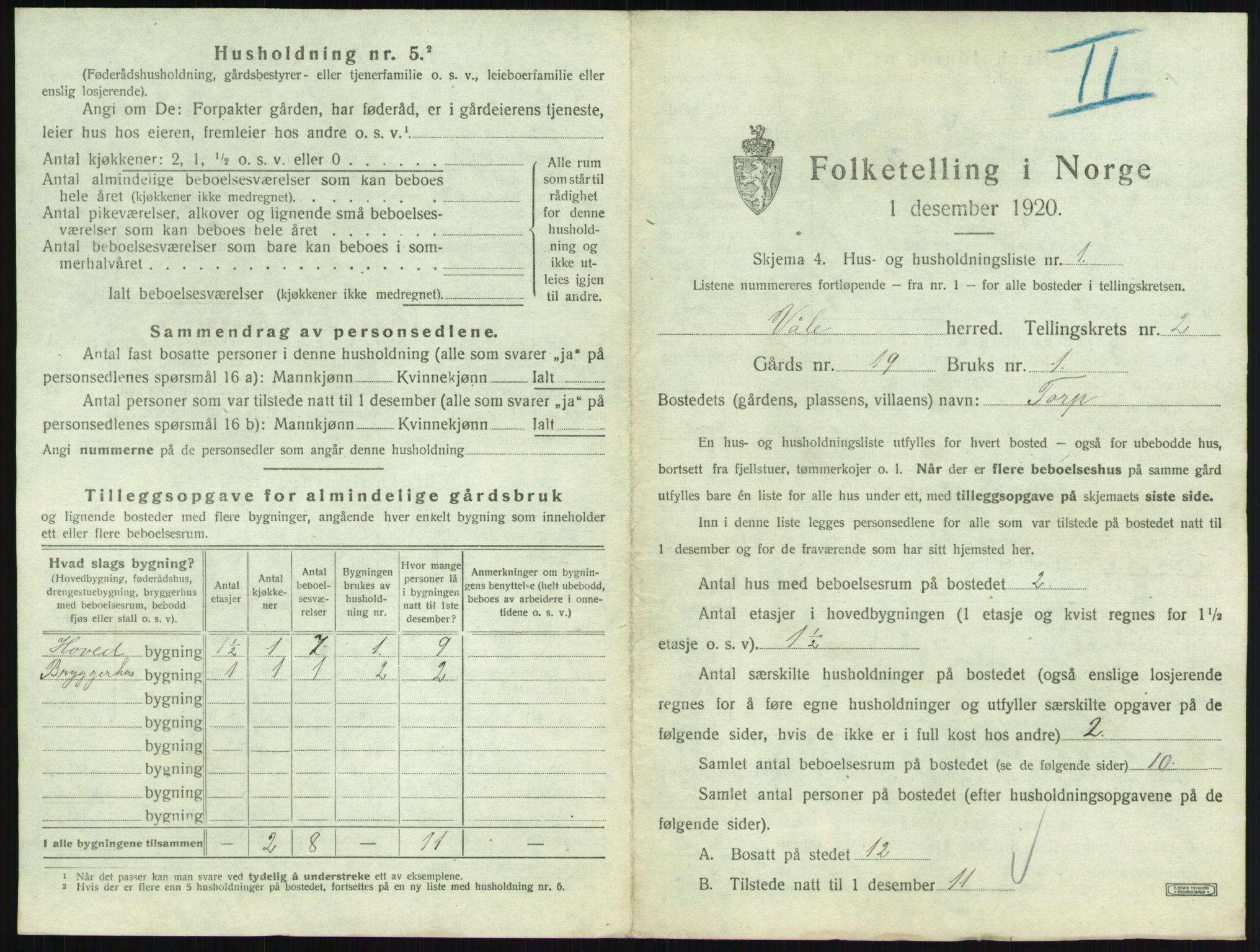 SAKO, 1920 census for Våle, 1920, p. 196