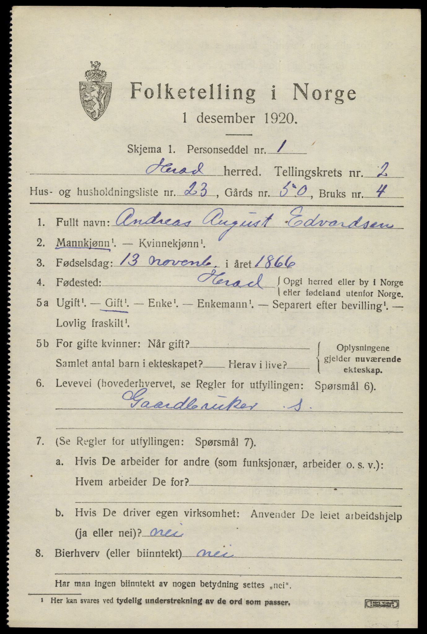SAK, 1920 census for Herad, 1920, p. 1282