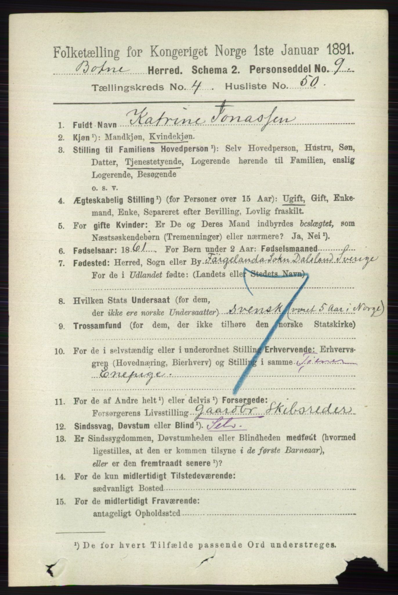 RA, 1891 census for 0715 Botne, 1891, p. 1895