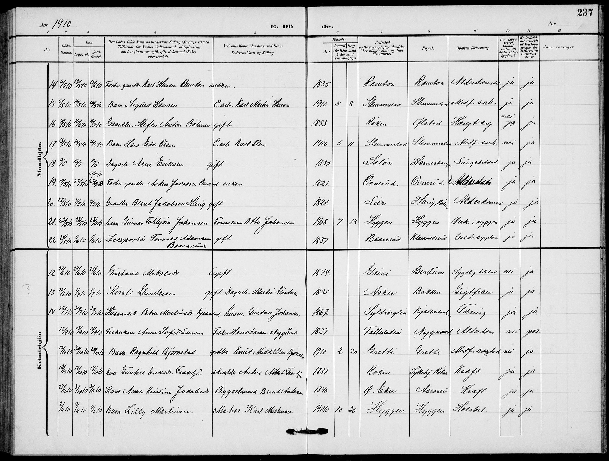 Røyken kirkebøker, AV/SAKO-A-241/G/Ga/L0005: Parish register (copy) no. 5, 1903-1918, p. 237
