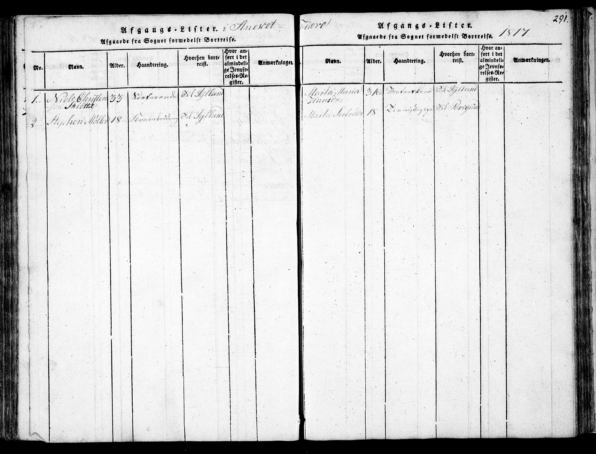 Fjære sokneprestkontor, AV/SAK-1111-0011/F/Fb/L0007: Parish register (copy) no. B 7, 1816-1826, p. 291