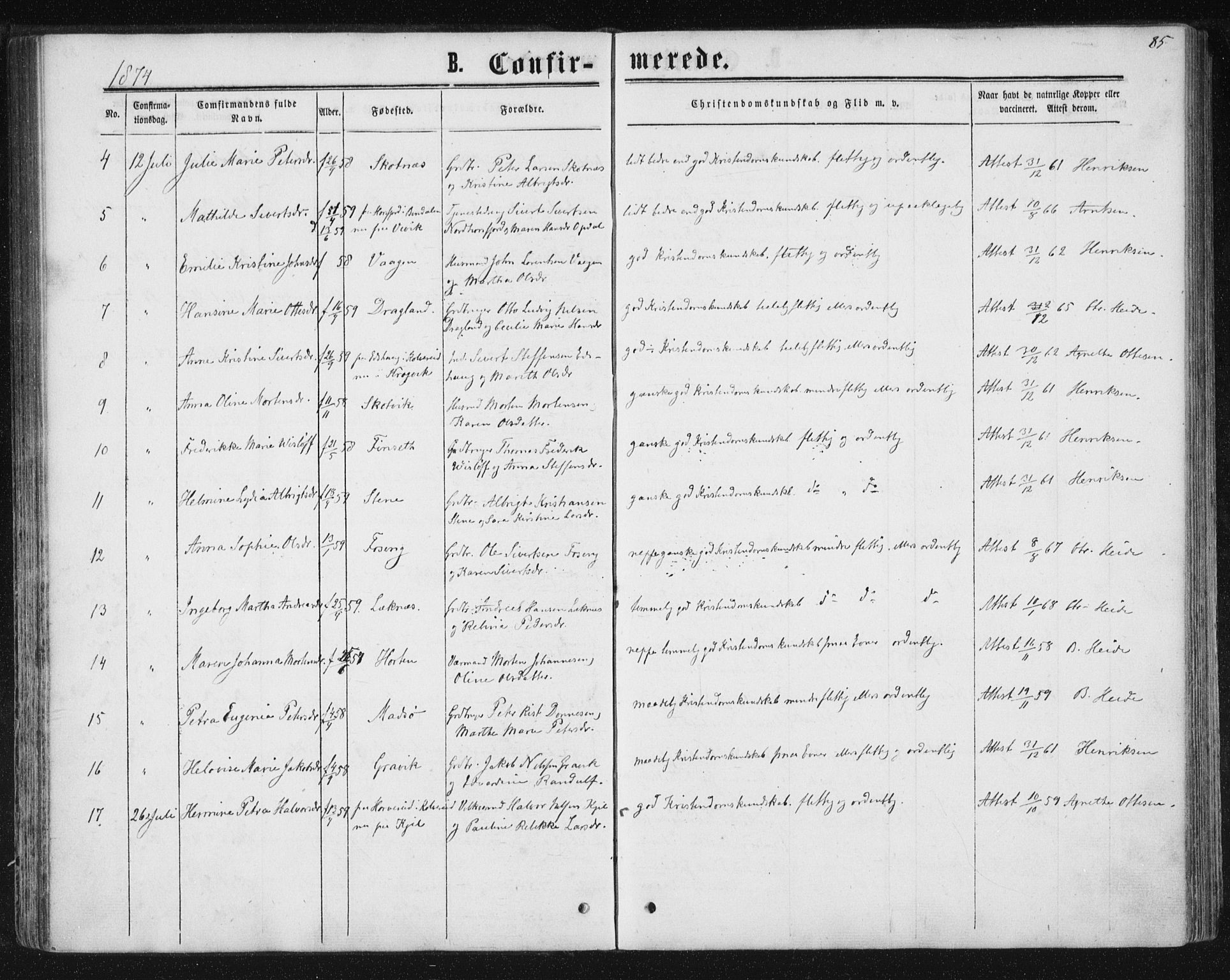Ministerialprotokoller, klokkerbøker og fødselsregistre - Nord-Trøndelag, SAT/A-1458/788/L0696: Parish register (official) no. 788A03, 1863-1877, p. 85