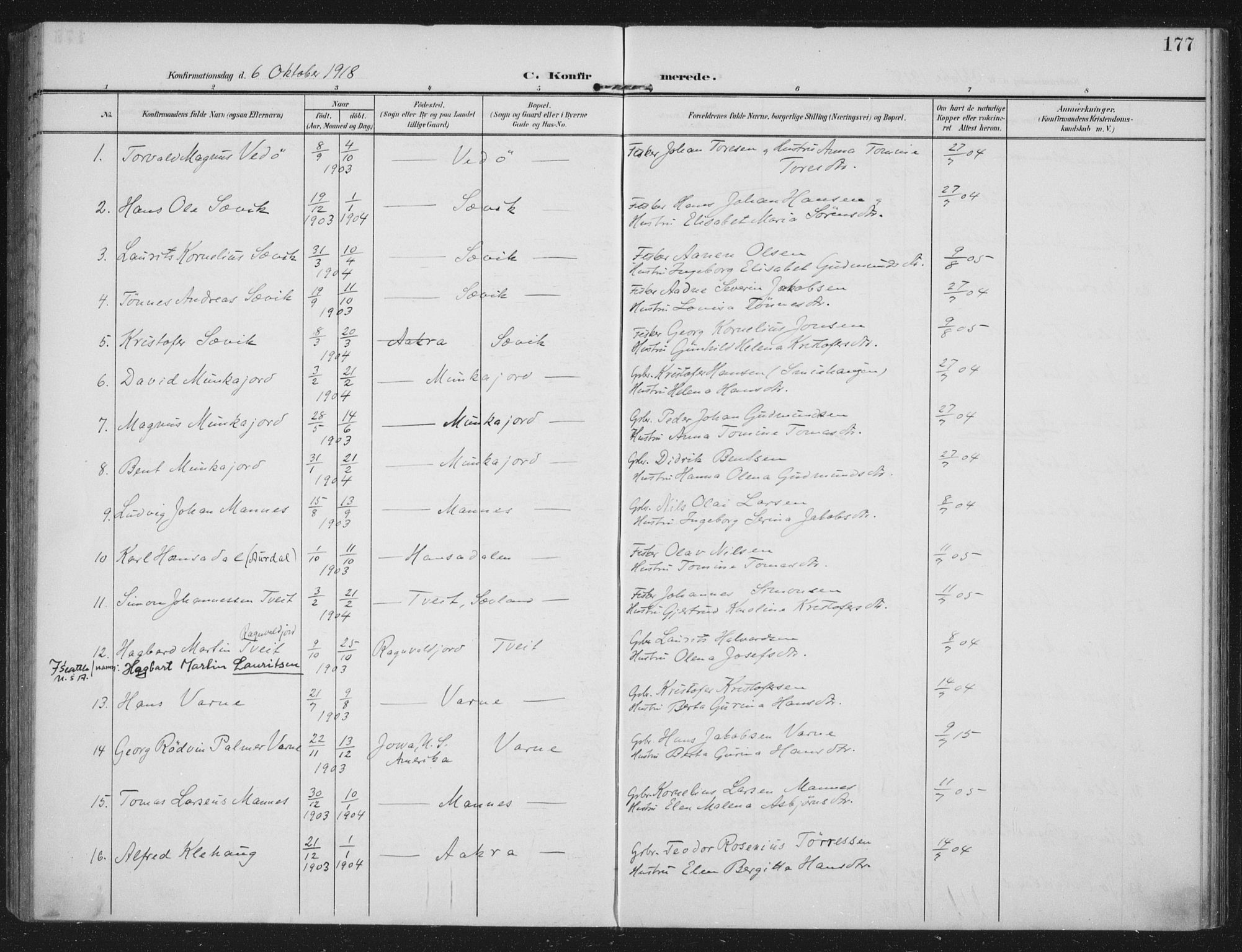 Kopervik sokneprestkontor, SAST/A-101850/H/Ha/Haa/L0005: Parish register (official) no. A 5, 1906-1924, p. 177
