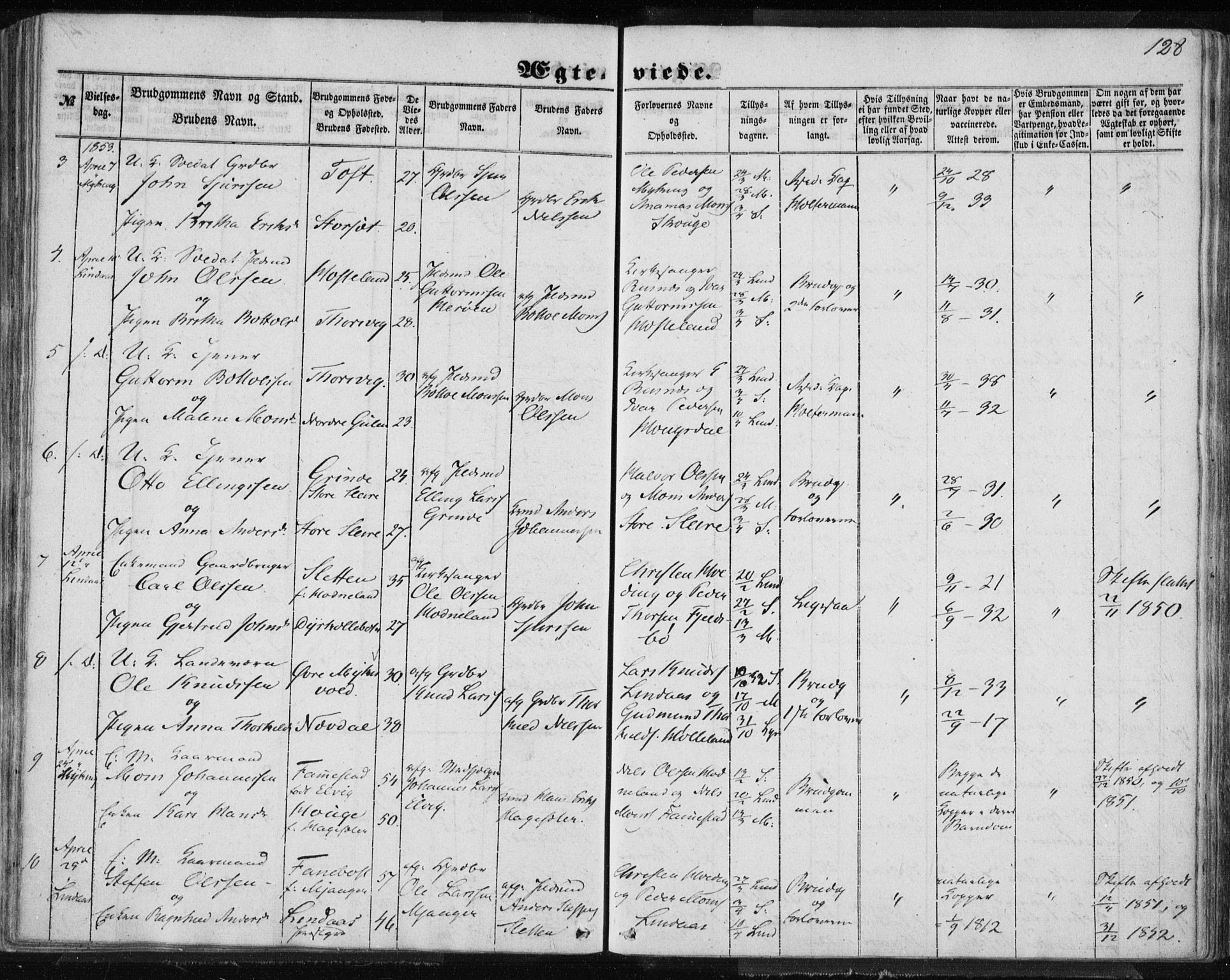 Lindås Sokneprestembete, AV/SAB-A-76701/H/Haa/Haaa/L0013: Parish register (official) no. A 13, 1848-1862, p. 128