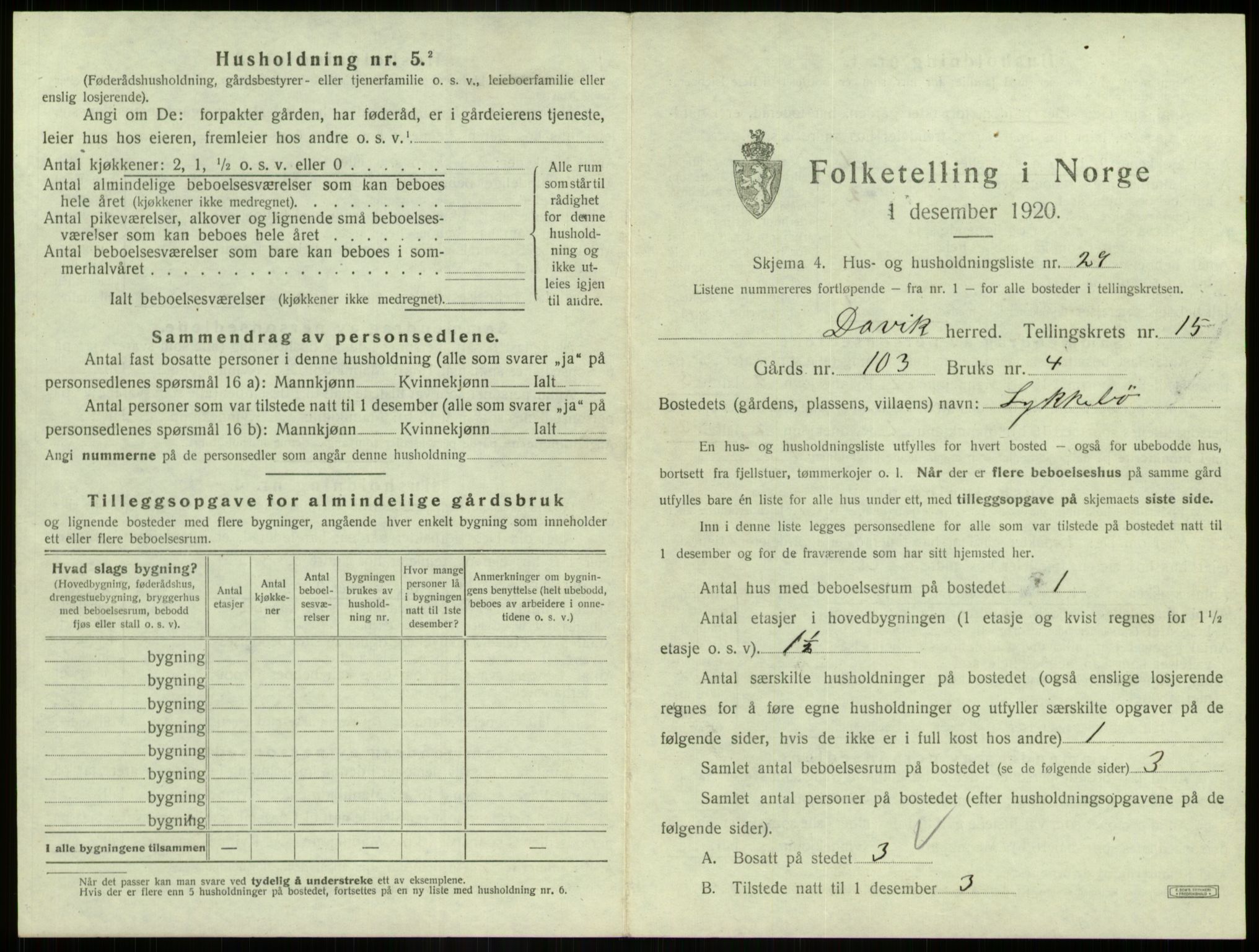 SAB, 1920 census for Davik, 1920, p. 1006