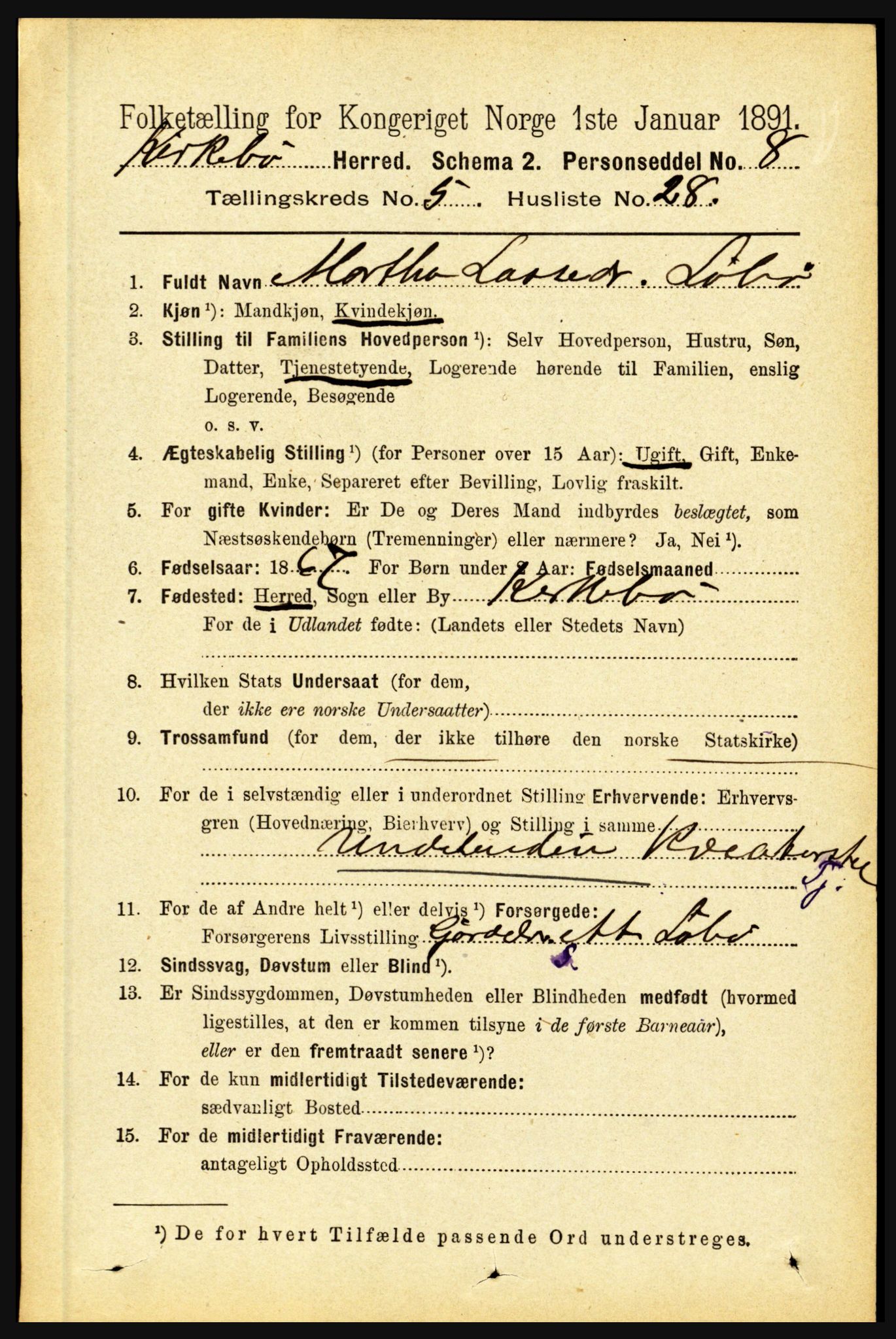 RA, 1891 census for 1416 Kyrkjebø, 1891, p. 1218