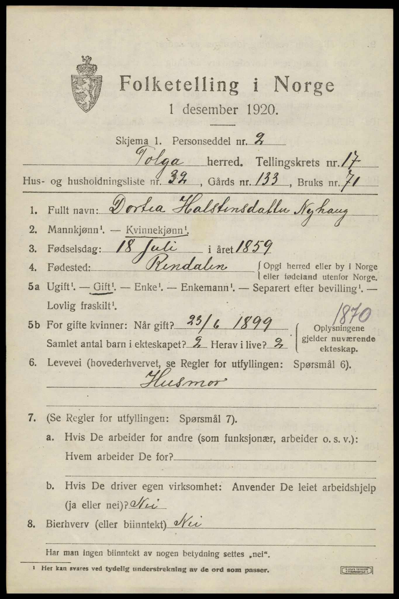 SAH, 1920 census for Tolga, 1920, p. 8147