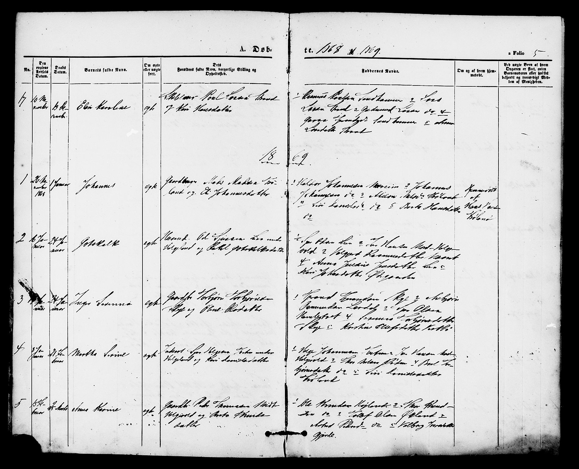 Vikedal sokneprestkontor, AV/SAST-A-101840/01/IV: Parish register (official) no. A 8, 1868-1885, p. 5