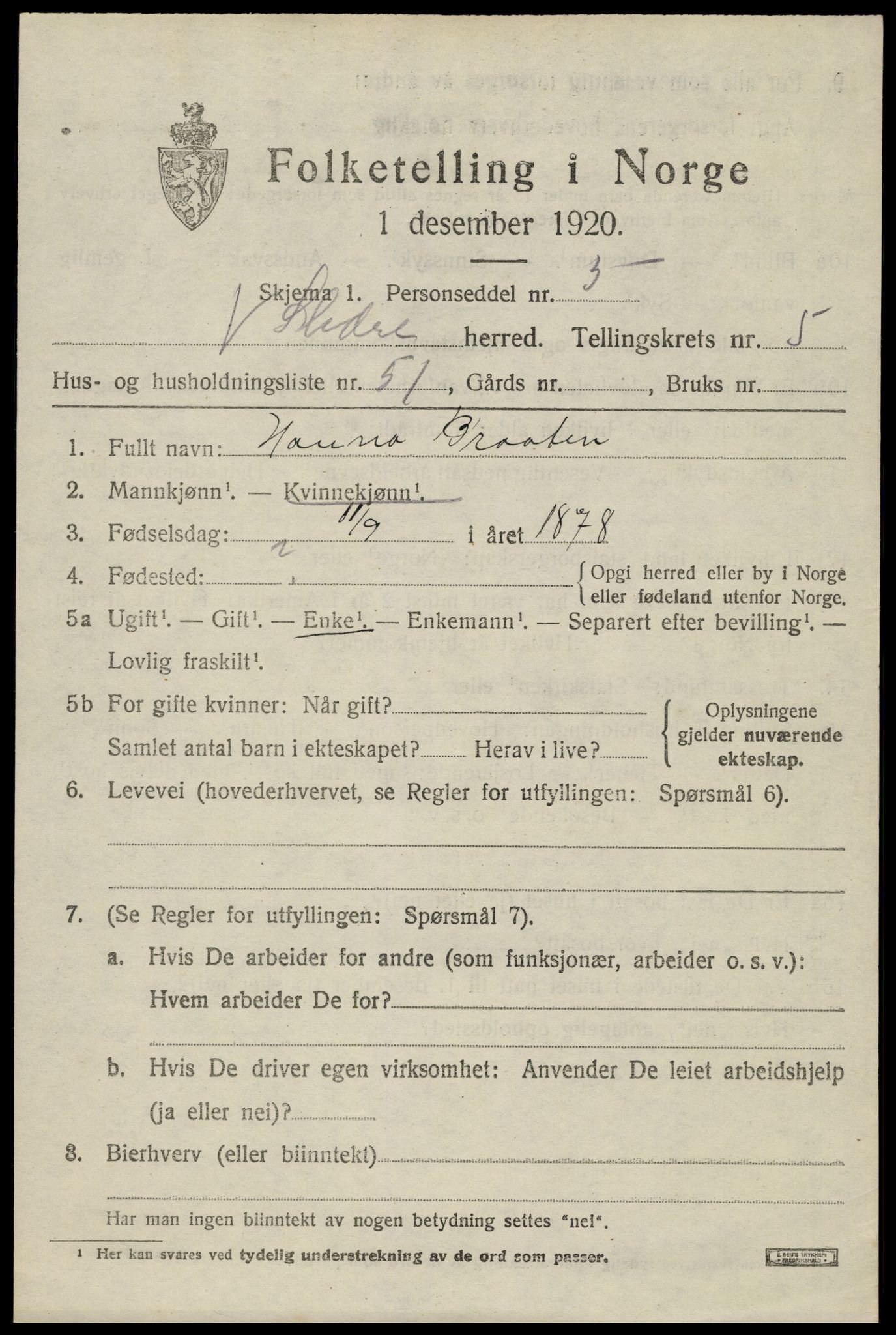 SAH, 1920 census for Vestre Slidre, 1920, p. 3250