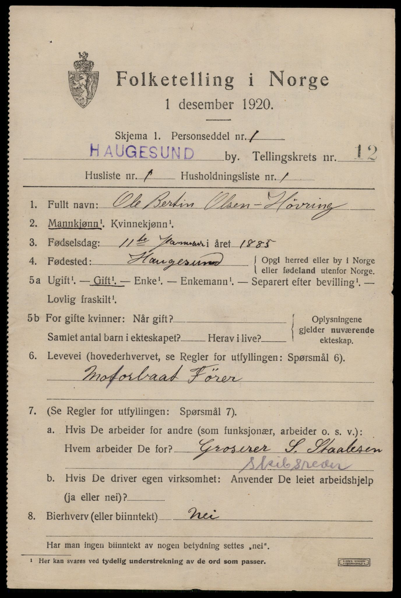 SAST, 1920 census for Haugesund, 1920, p. 37979