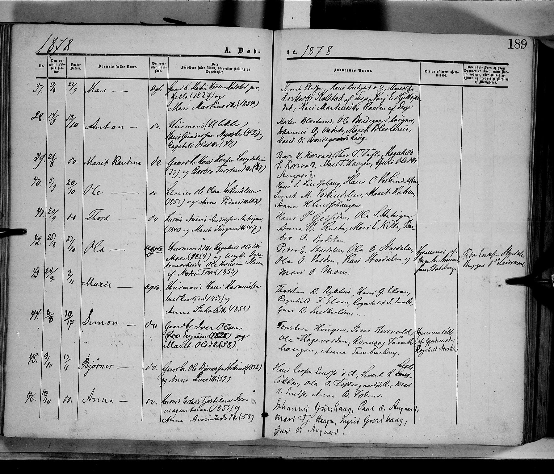 Dovre prestekontor, AV/SAH-PREST-066/H/Ha/Haa/L0001: Parish register (official) no. 1, 1854-1878, p. 189