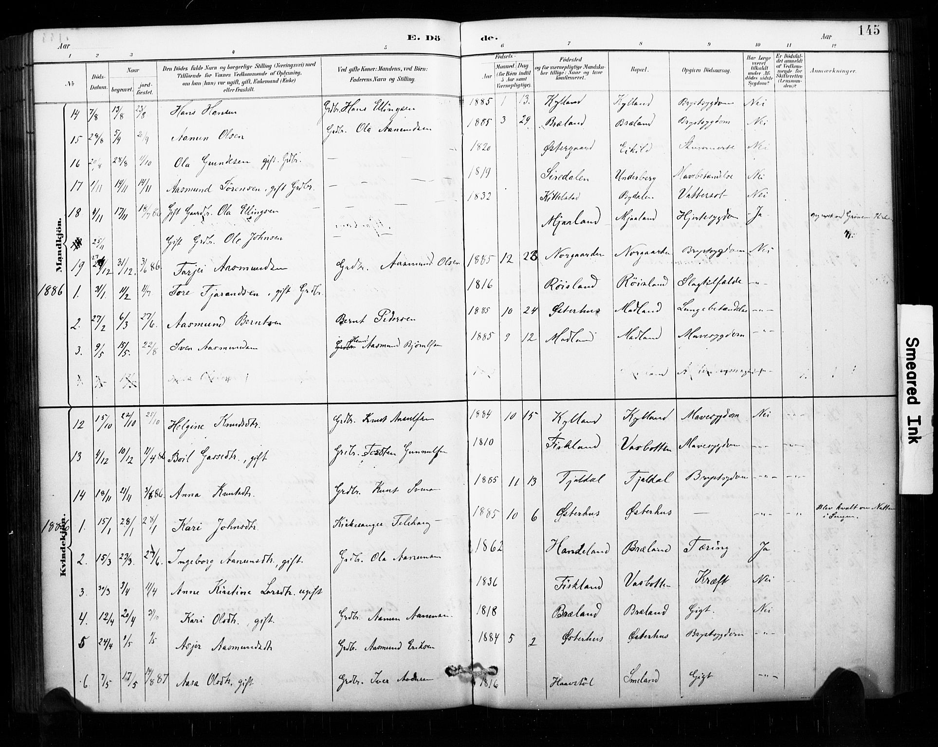 Åseral sokneprestkontor, AV/SAK-1111-0051/F/Fa/L0003: Parish register (official) no. A 3, 1884-1901, p. 145