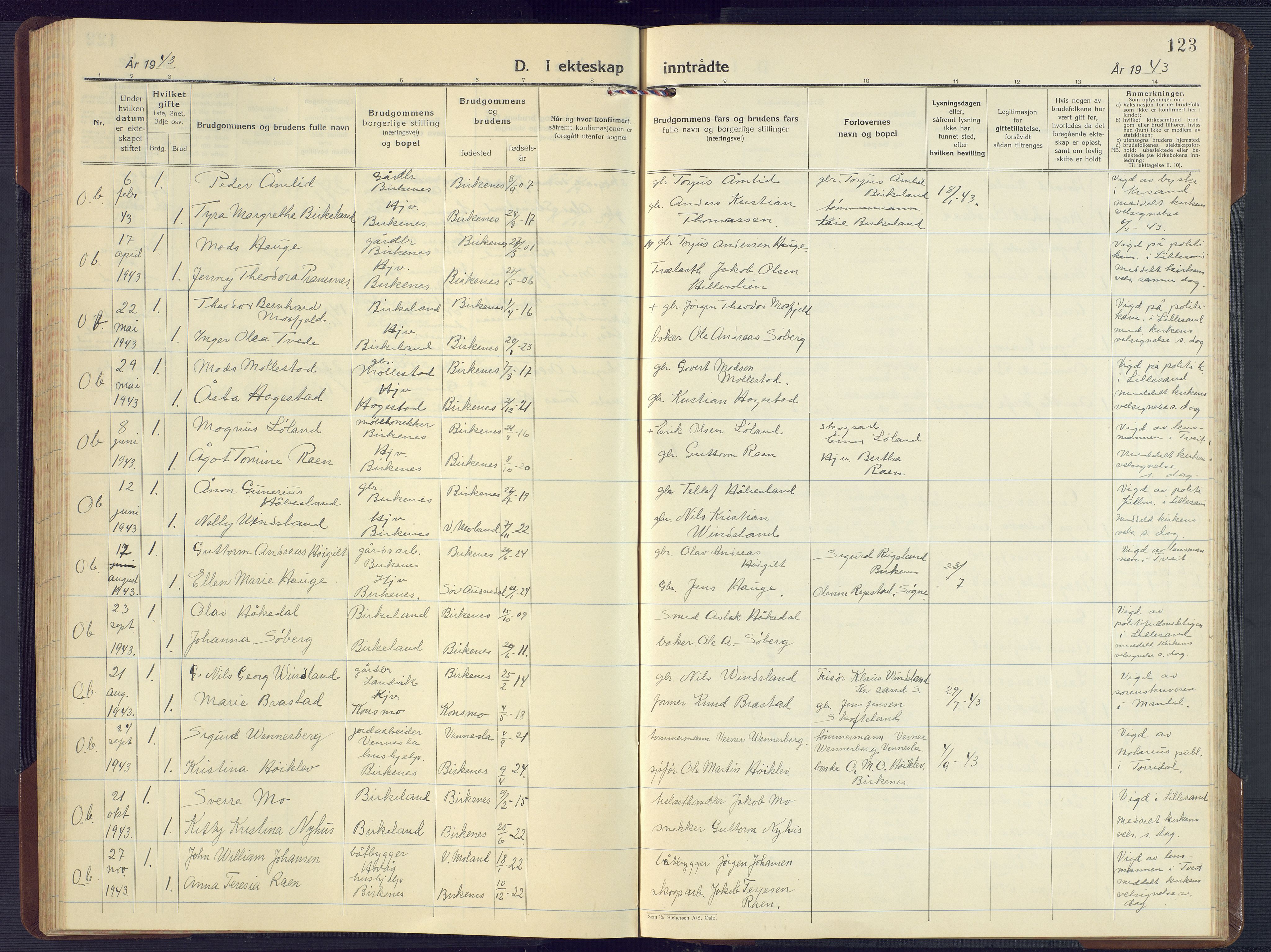 Birkenes sokneprestkontor, SAK/1111-0004/F/Fb/L0005: Parish register (copy) no. B 5, 1930-1957, p. 123