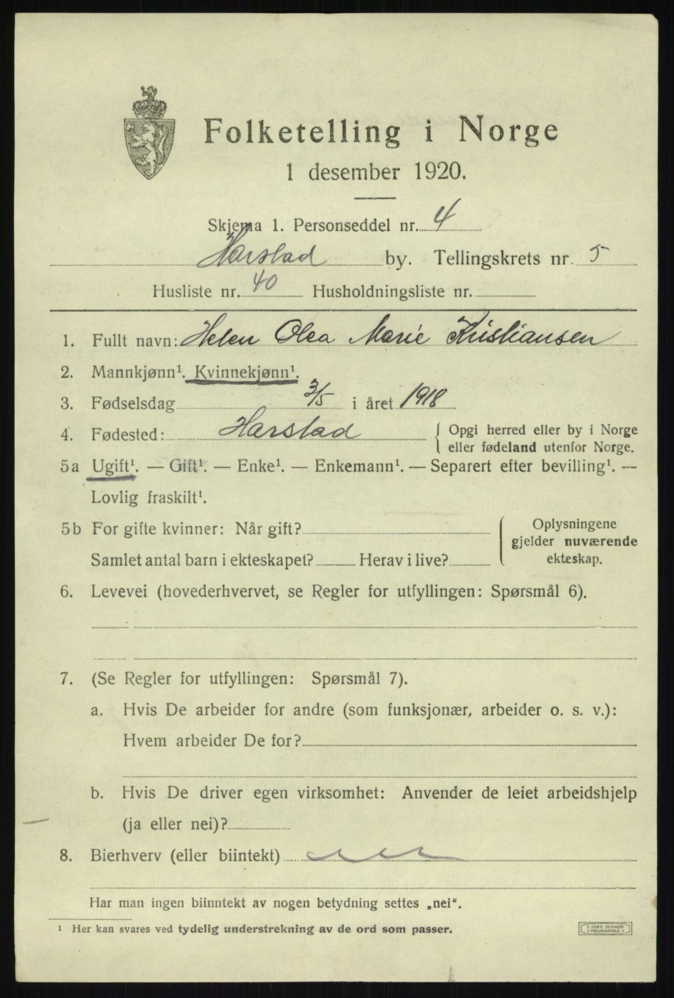 SATØ, 1920 census for Harstad, 1920, p. 7400