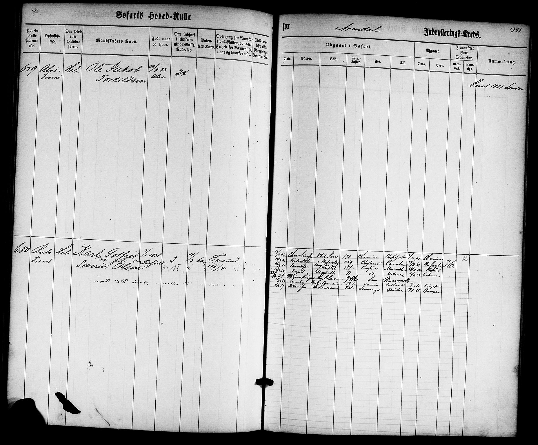 Arendal mønstringskrets, AV/SAK-2031-0012/F/Fb/L0001: Hovedrulle nr 1-766 uten register, E-2, 1860-1868, p. 351