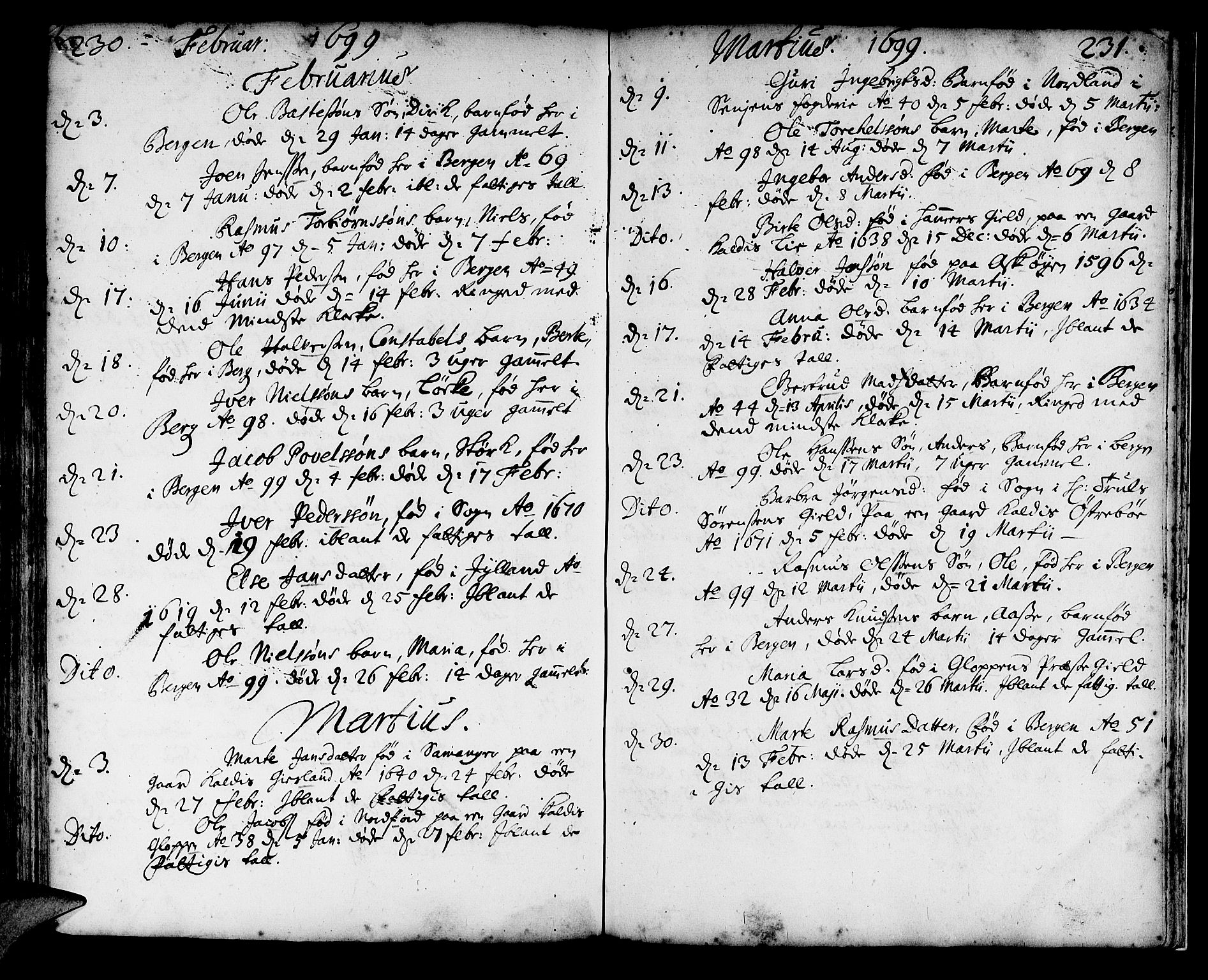 Korskirken sokneprestembete, AV/SAB-A-76101/H/Haa/L0010: Parish register (official) no. A 10, 1688-1703, p. 230-231