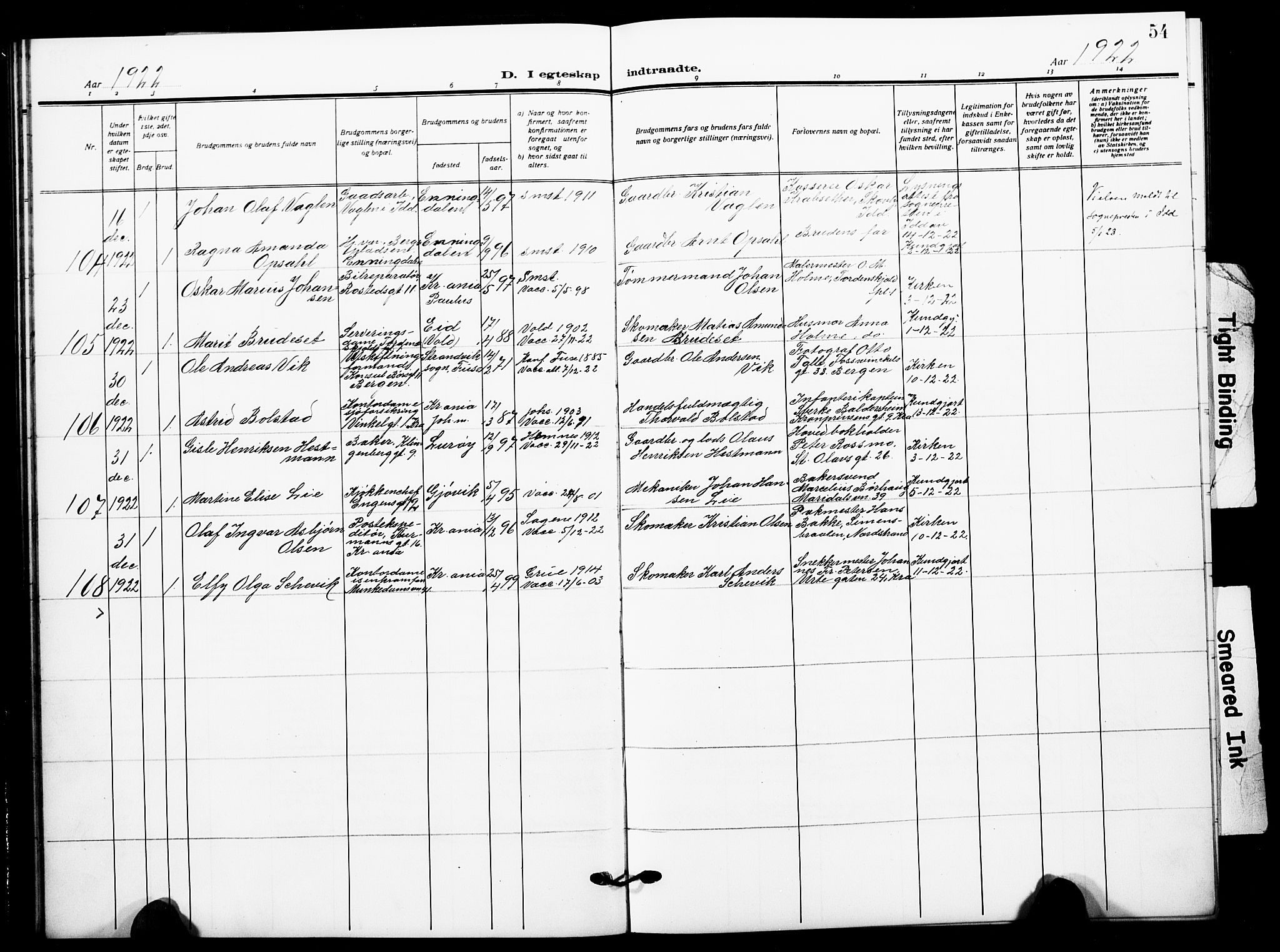 Johannes prestekontor Kirkebøker, SAO/A-10852/F/Fa/L0013: Parish register (official) no. 13, 1919-1930, p. 54