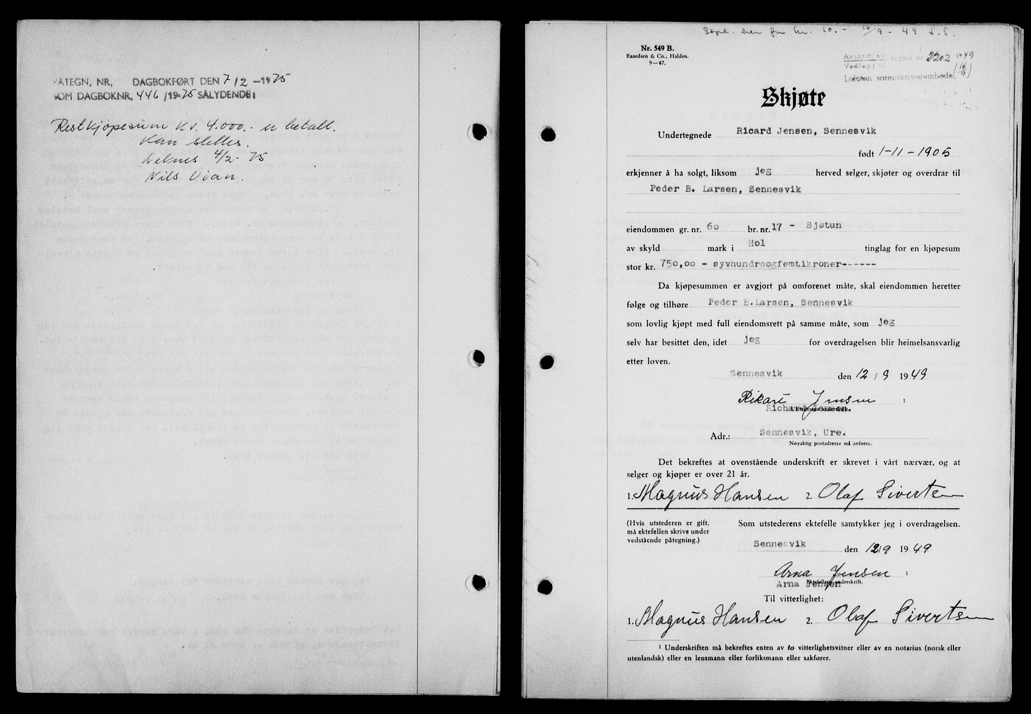 Lofoten sorenskriveri, SAT/A-0017/1/2/2C/L0021a: Mortgage book no. 21a, 1949-1949, Diary no: : 2202/1949