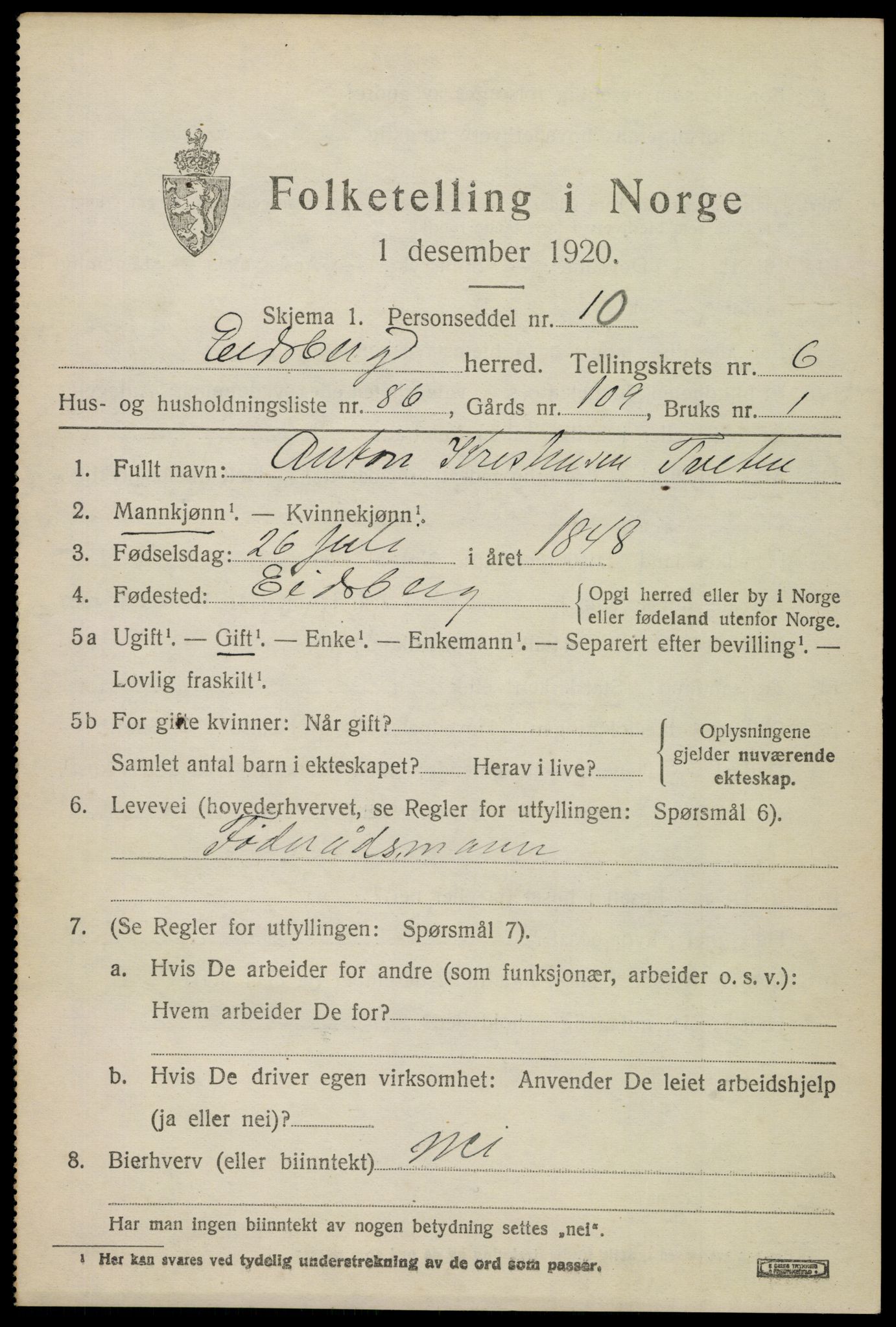 SAO, 1920 census for Eidsberg, 1920, p. 8503