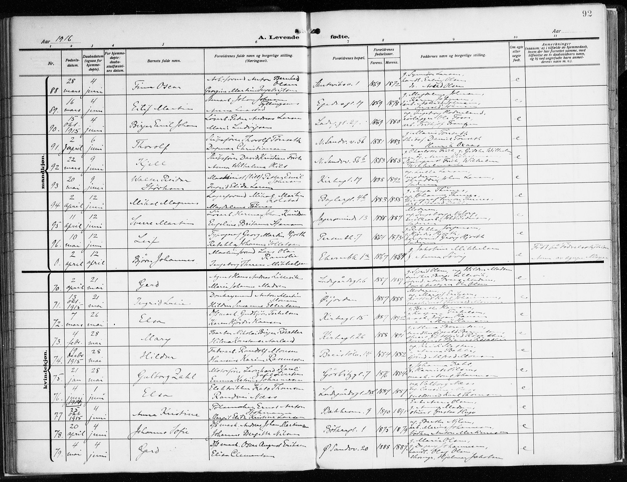 Sandviken Sokneprestembete, AV/SAB-A-77601/H/Ha/L0007: Parish register (official) no. B 4, 1912-1924, p. 92