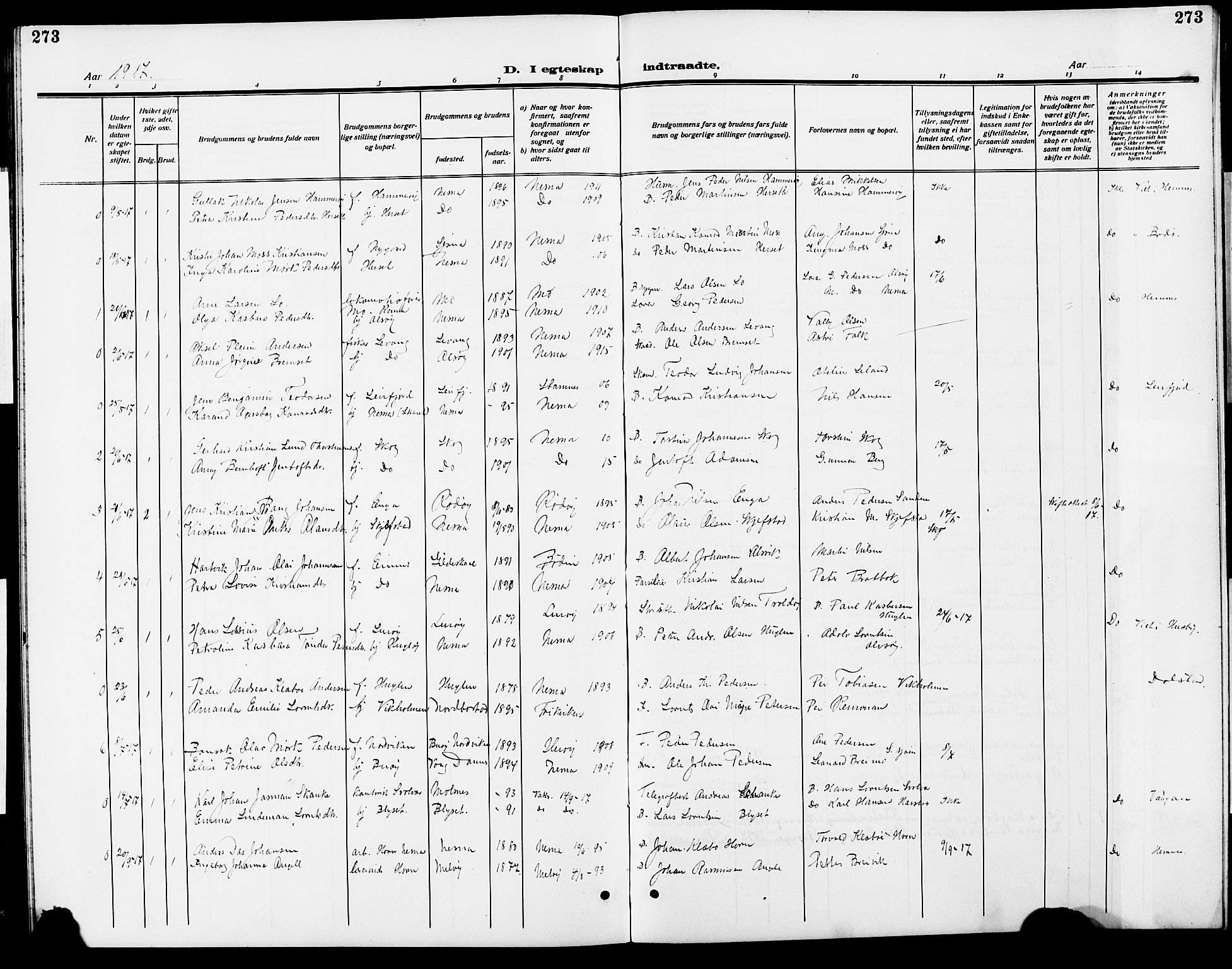 Ministerialprotokoller, klokkerbøker og fødselsregistre - Nordland, AV/SAT-A-1459/838/L0560: Parish register (copy) no. 838C07, 1910-1928, p. 273