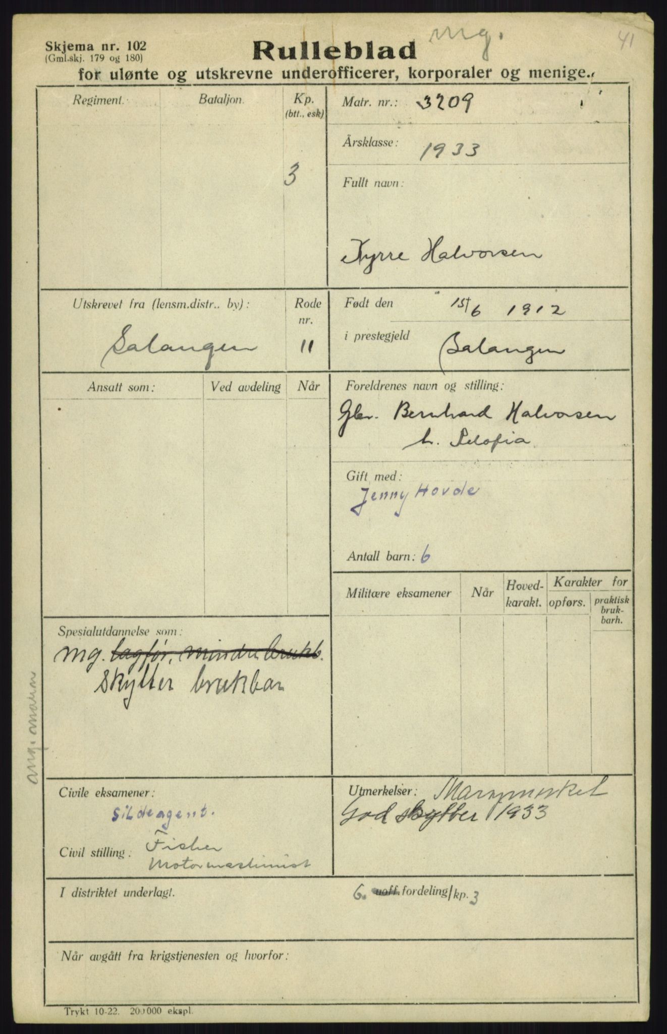 Forsvaret, Troms infanteriregiment nr. 16, AV/RA-RAFA-3146/P/Pa/L0017: Rulleblad for regimentets menige mannskaper, årsklasse 1933, 1933, p. 371