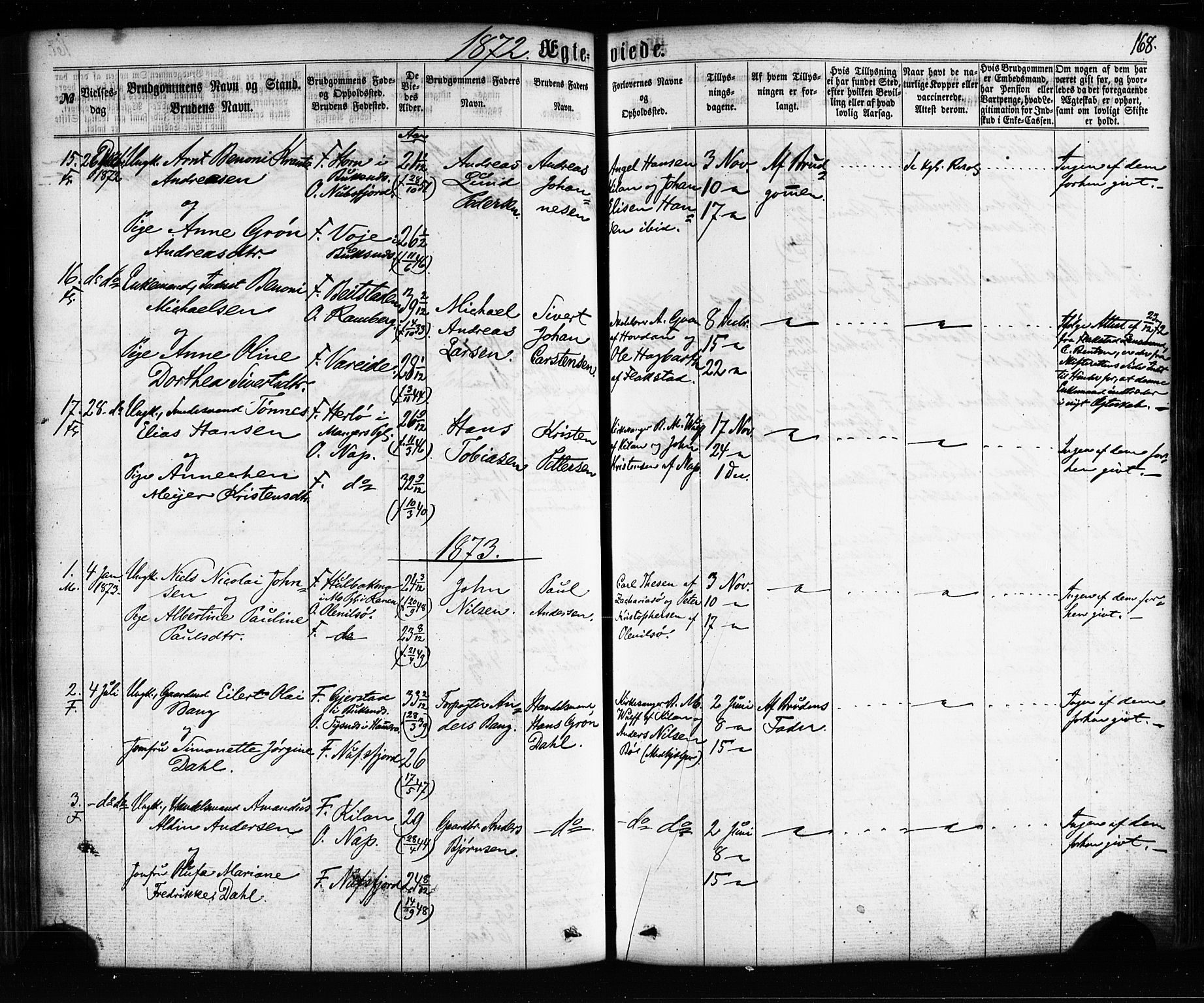 Ministerialprotokoller, klokkerbøker og fødselsregistre - Nordland, SAT/A-1459/885/L1203: Parish register (official) no. 885A04, 1859-1877, p. 168