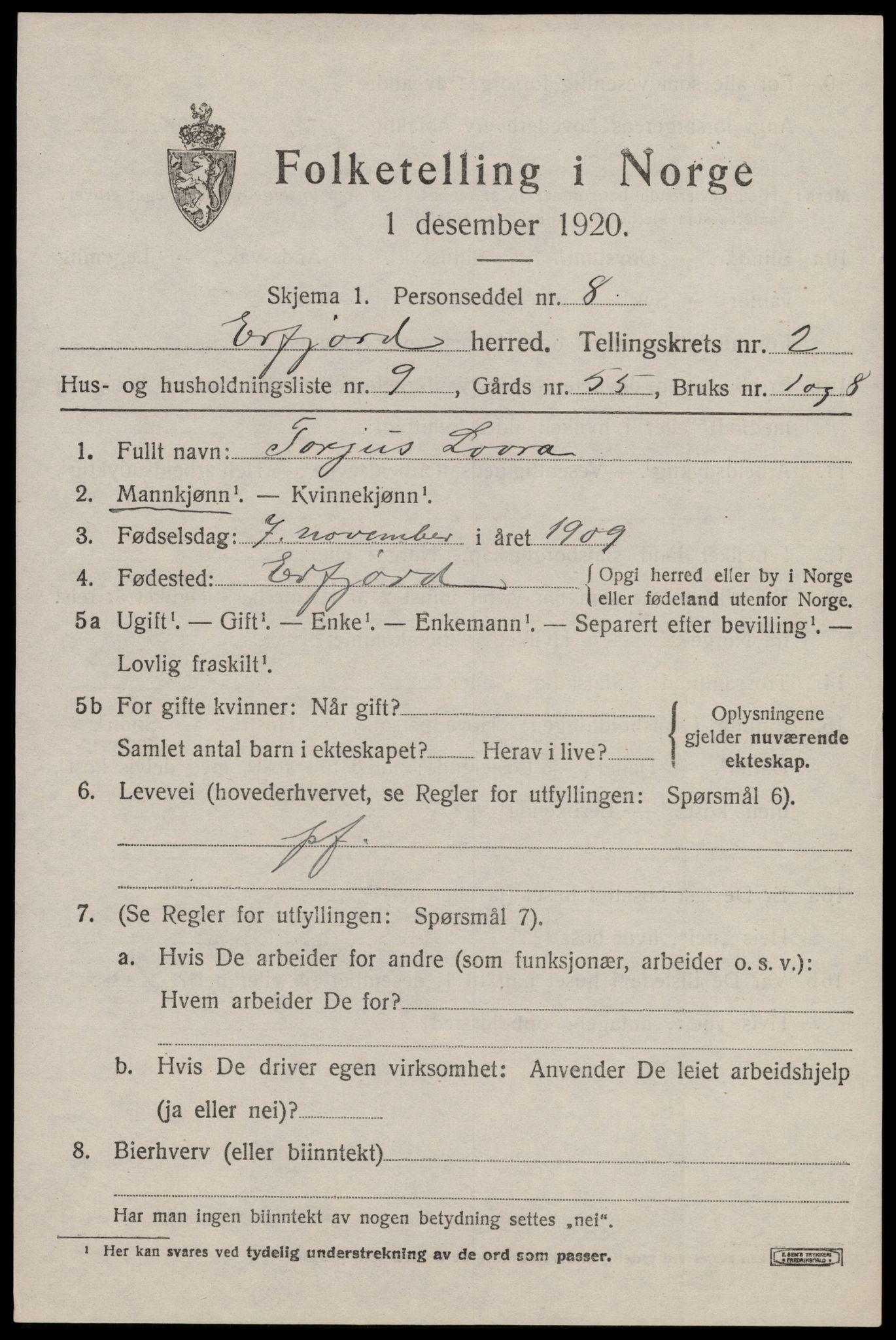 SAST, 1920 census for Erfjord, 1920, p. 725