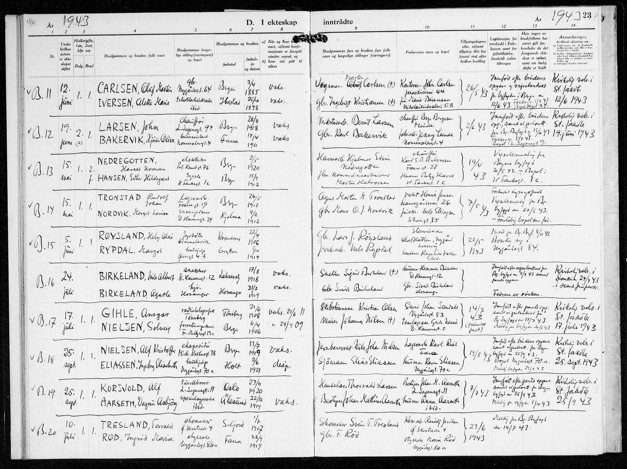 St. Jacob sokneprestembete, AV/SAB-A-78001/H/Haa/L0023: Parish register (official) no. G 1, 1942-1945, p. 23