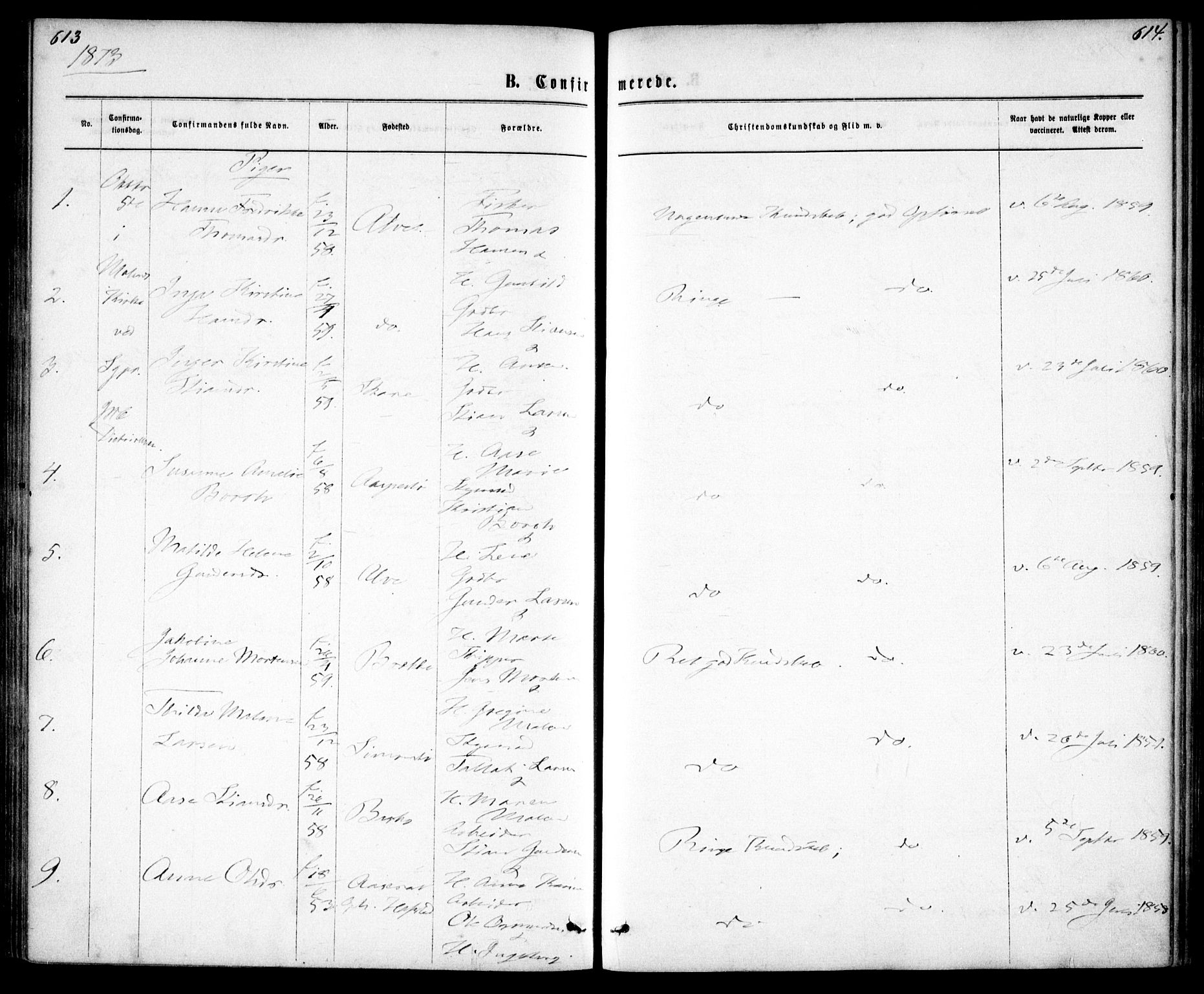 Tromøy sokneprestkontor, AV/SAK-1111-0041/F/Fa/L0008: Parish register (official) no. A 8, 1870-1877, p. 613-614