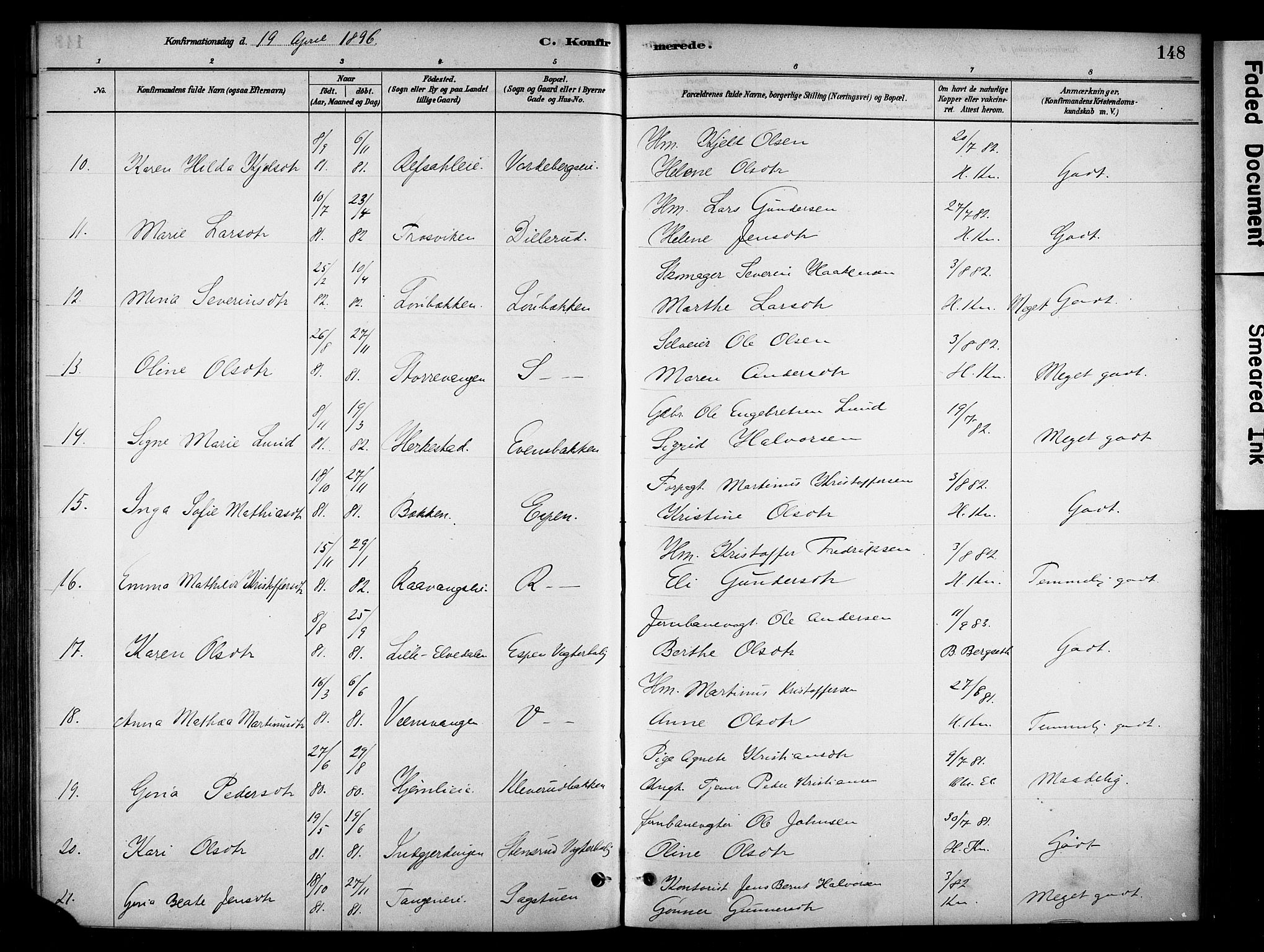 Stange prestekontor, AV/SAH-PREST-002/K/L0018: Parish register (official) no. 18, 1880-1896, p. 148