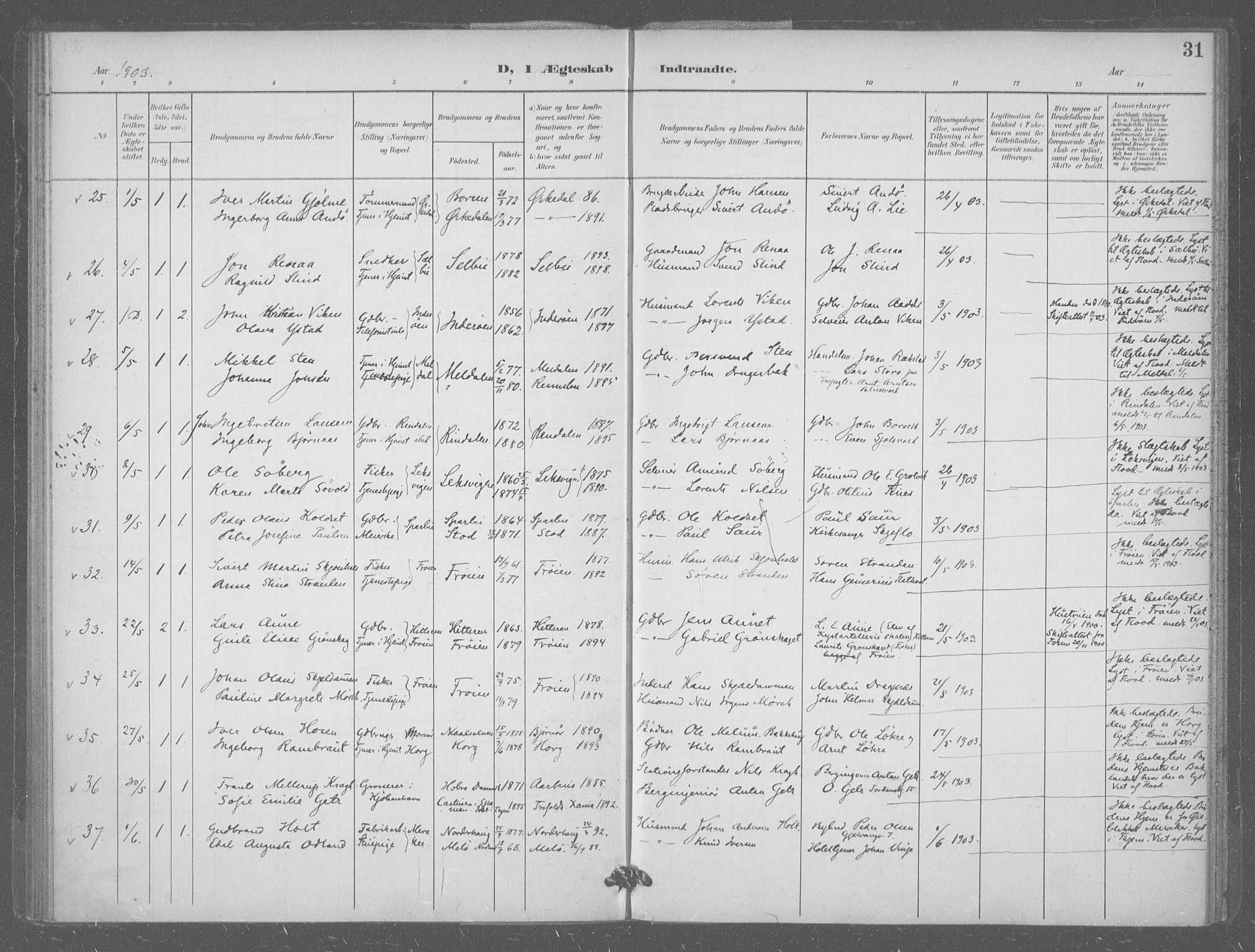 Ministerialprotokoller, klokkerbøker og fødselsregistre - Sør-Trøndelag, AV/SAT-A-1456/601/L0077: Curate's parish register no. 601B10, 1900-1907, p. 31