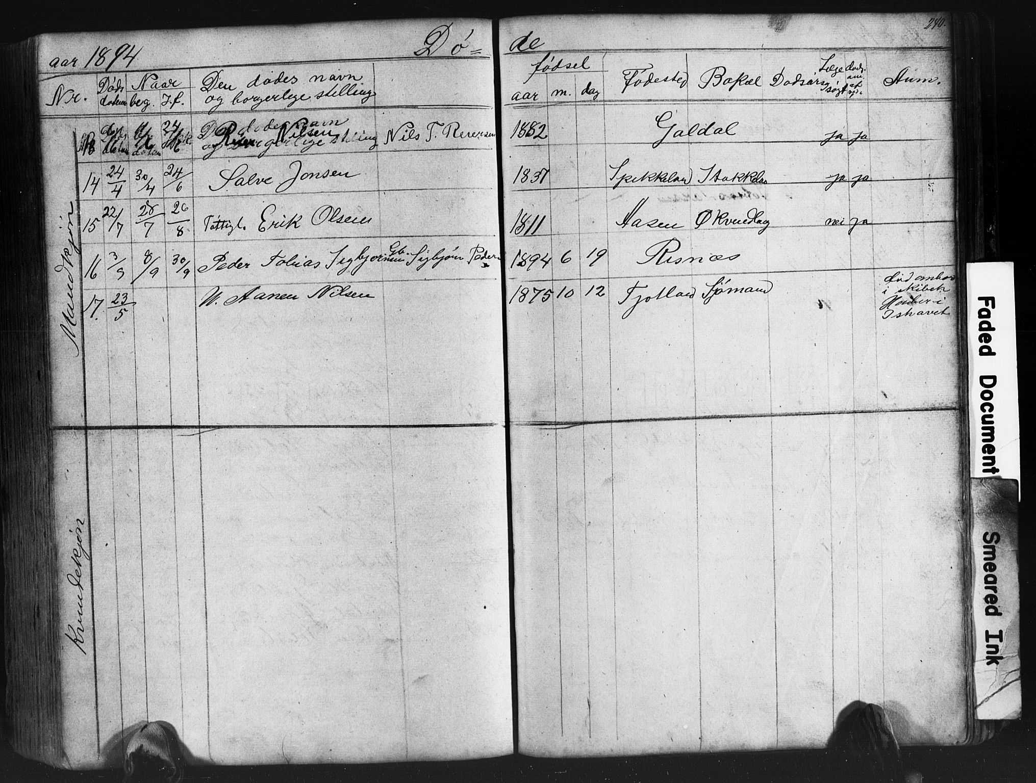Fjotland sokneprestkontor, SAK/1111-0010/F/Fb/L0003: Parish register (copy) no. B 3, 1872-1924, p. 240