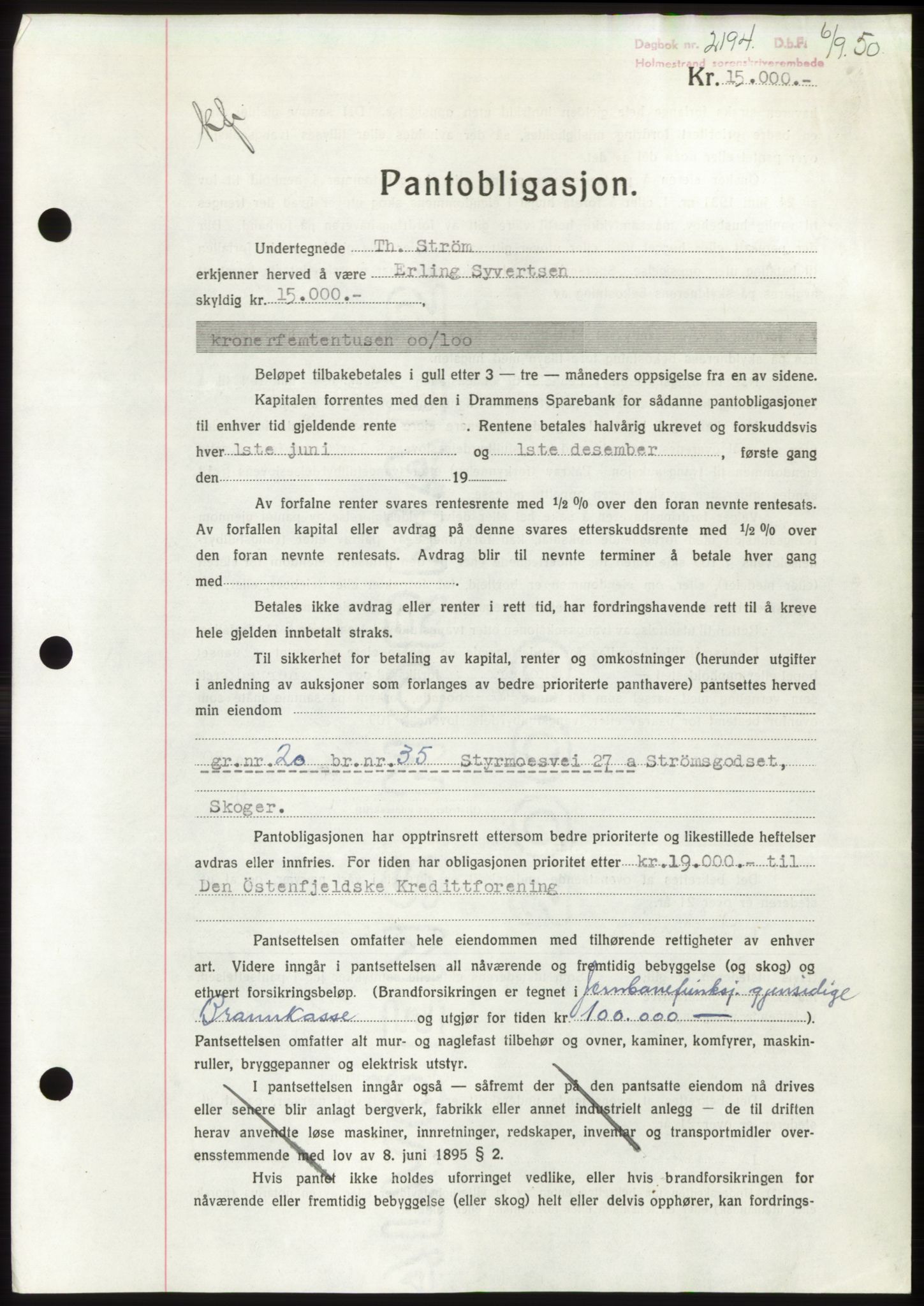 Holmestrand sorenskriveri, AV/SAKO-A-67/G/Ga/Gab/L0063: Mortgage book no. B-63, 1950-1950, Diary no: : 2194/1950