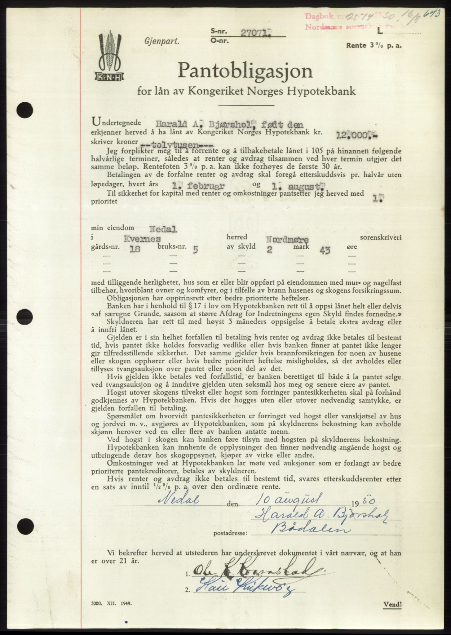 Nordmøre sorenskriveri, AV/SAT-A-4132/1/2/2Ca: Mortgage book no. B105, 1950-1950, Diary no: : 2574/1950