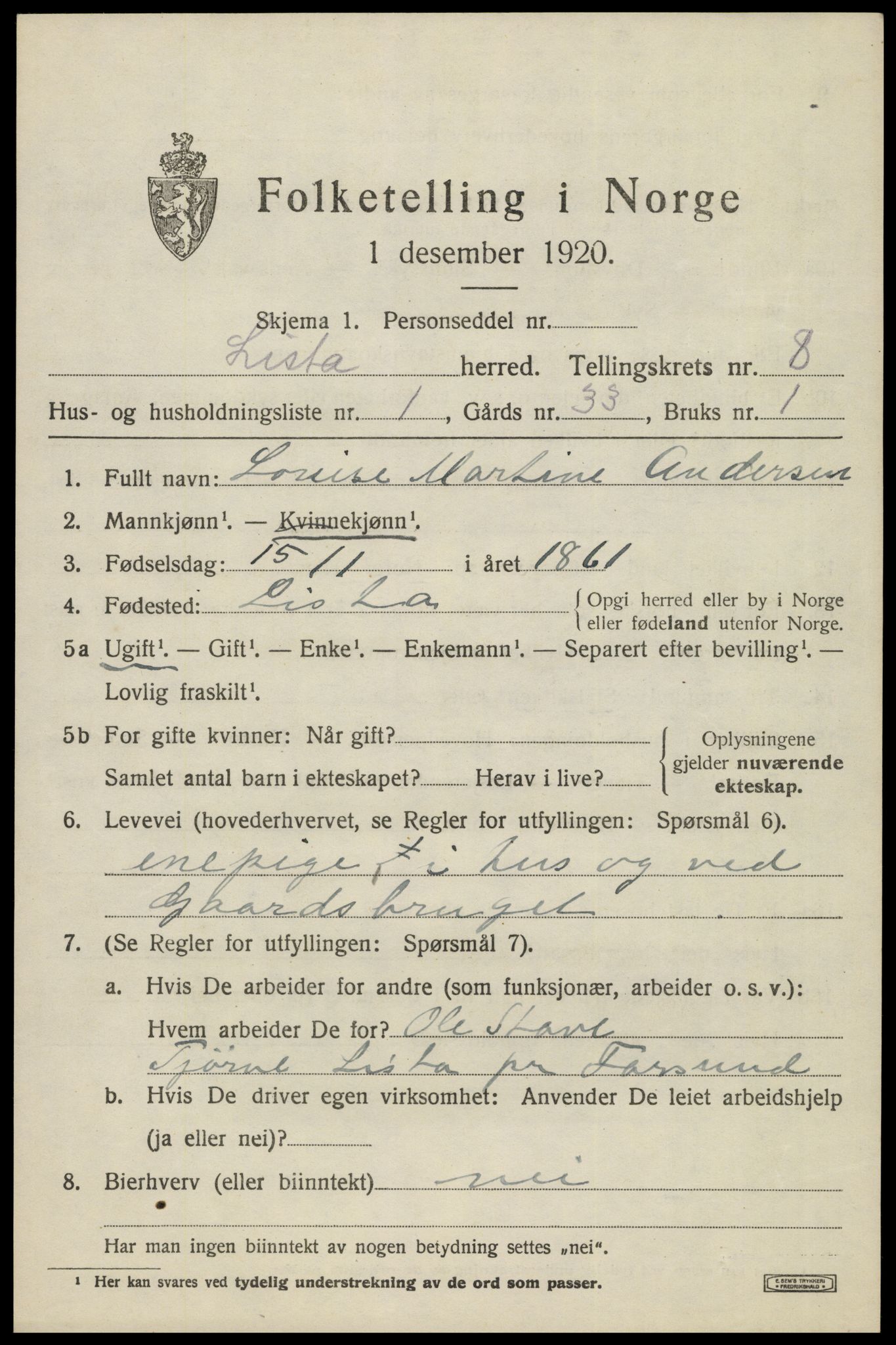 SAK, 1920 census for Lista, 1920, p. 7813