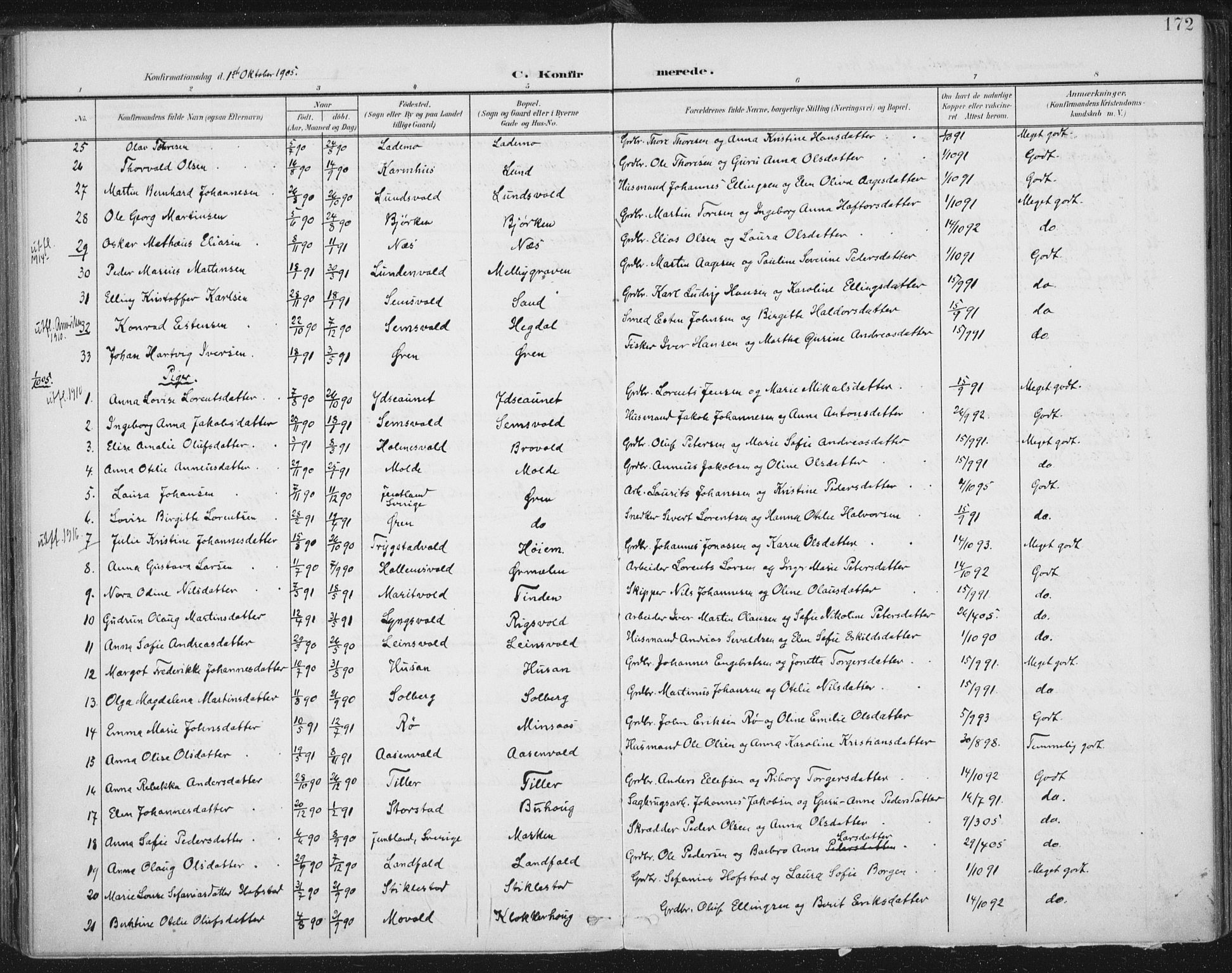Ministerialprotokoller, klokkerbøker og fødselsregistre - Nord-Trøndelag, SAT/A-1458/723/L0246: Parish register (official) no. 723A15, 1900-1917, p. 172