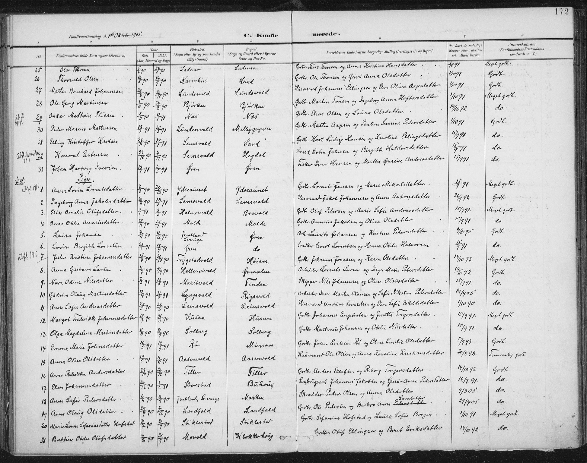 Ministerialprotokoller, klokkerbøker og fødselsregistre - Nord-Trøndelag, AV/SAT-A-1458/723/L0246: Parish register (official) no. 723A15, 1900-1917, p. 172