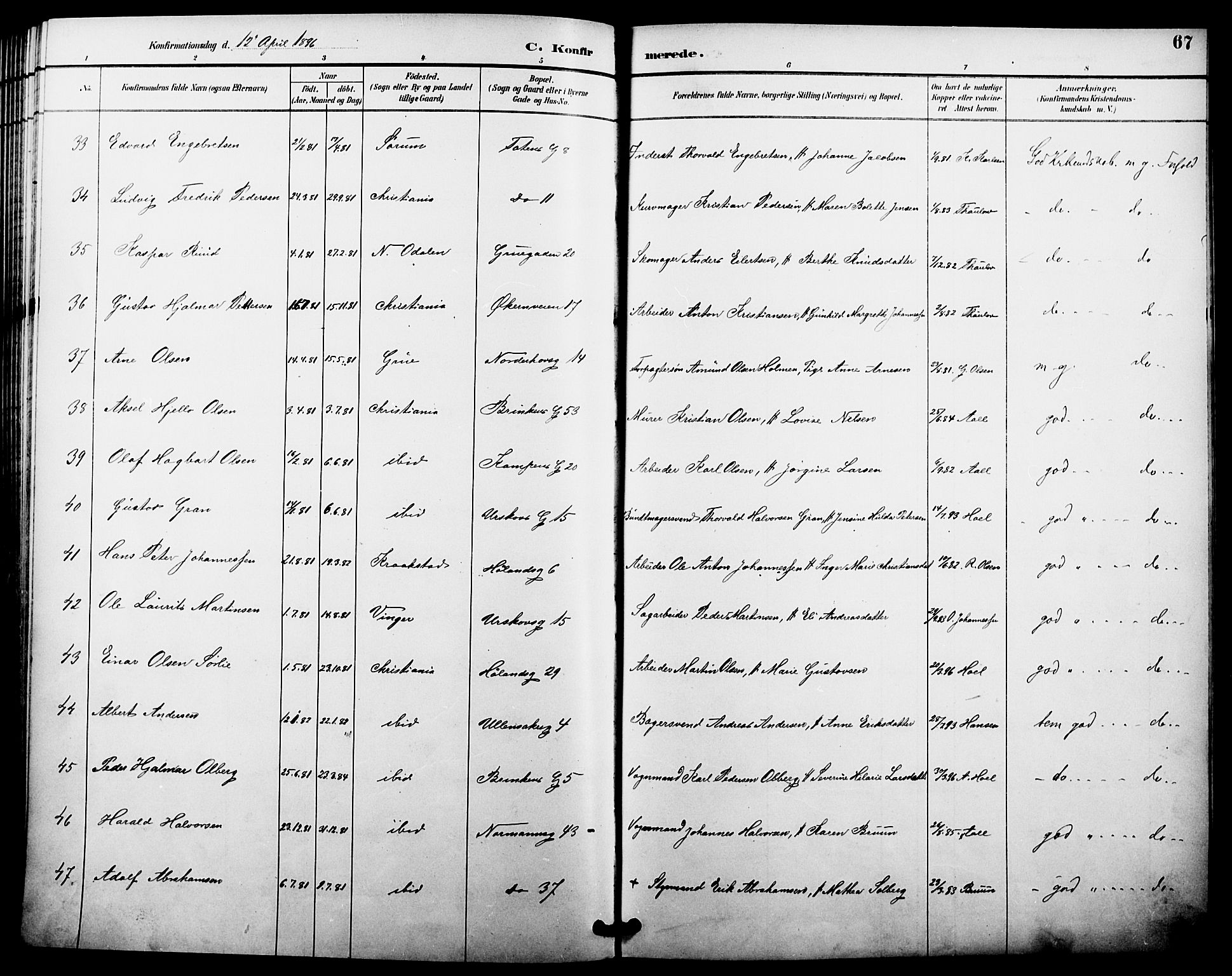 Kampen prestekontor Kirkebøker, SAO/A-10853/F/Fa/L0008: Parish register (official) no. I 8, 1892-1902, p. 67