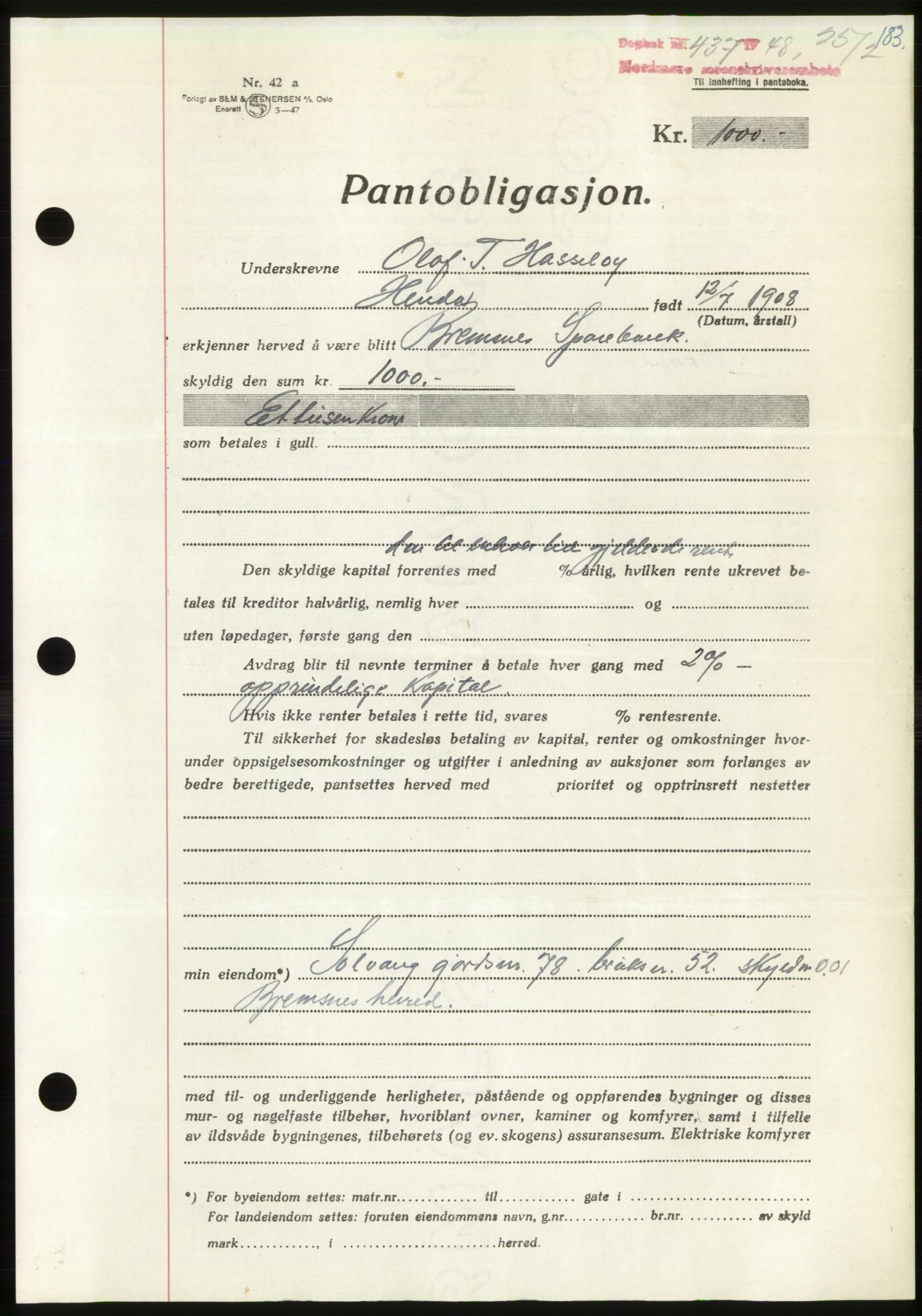 Nordmøre sorenskriveri, AV/SAT-A-4132/1/2/2Ca: Mortgage book no. B98, 1948-1948, Diary no: : 437/1948