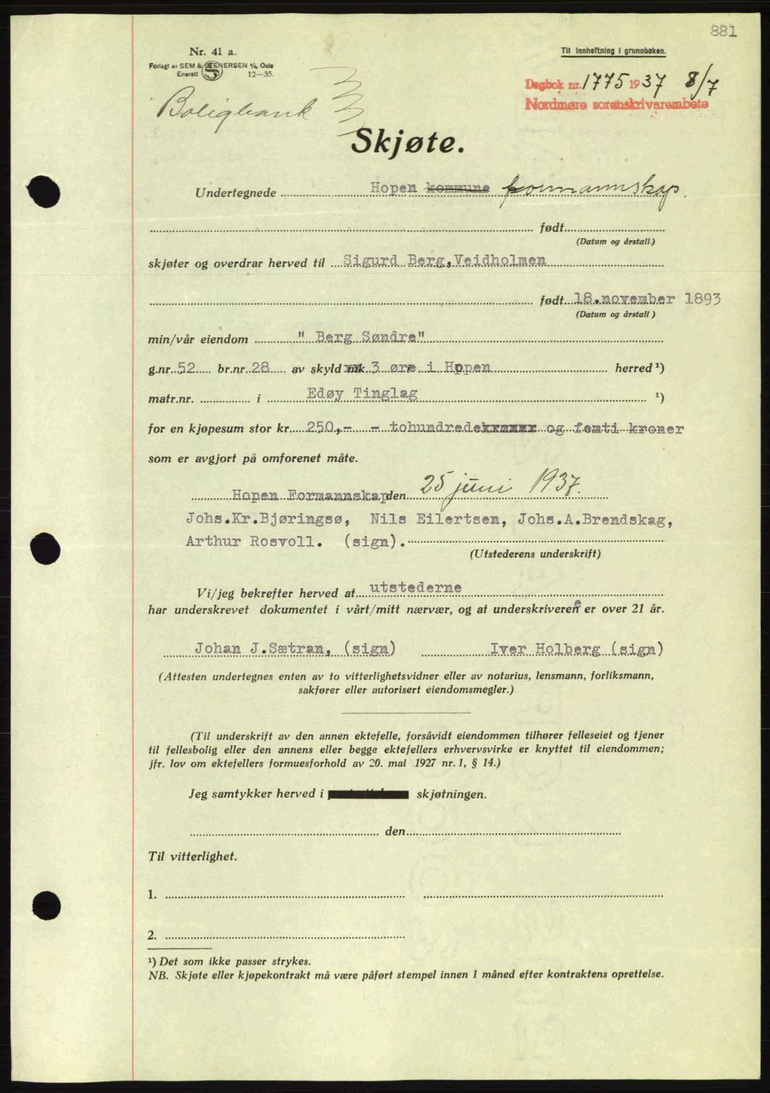 Nordmøre sorenskriveri, AV/SAT-A-4132/1/2/2Ca: Mortgage book no. A81, 1937-1937, Diary no: : 1775/1937