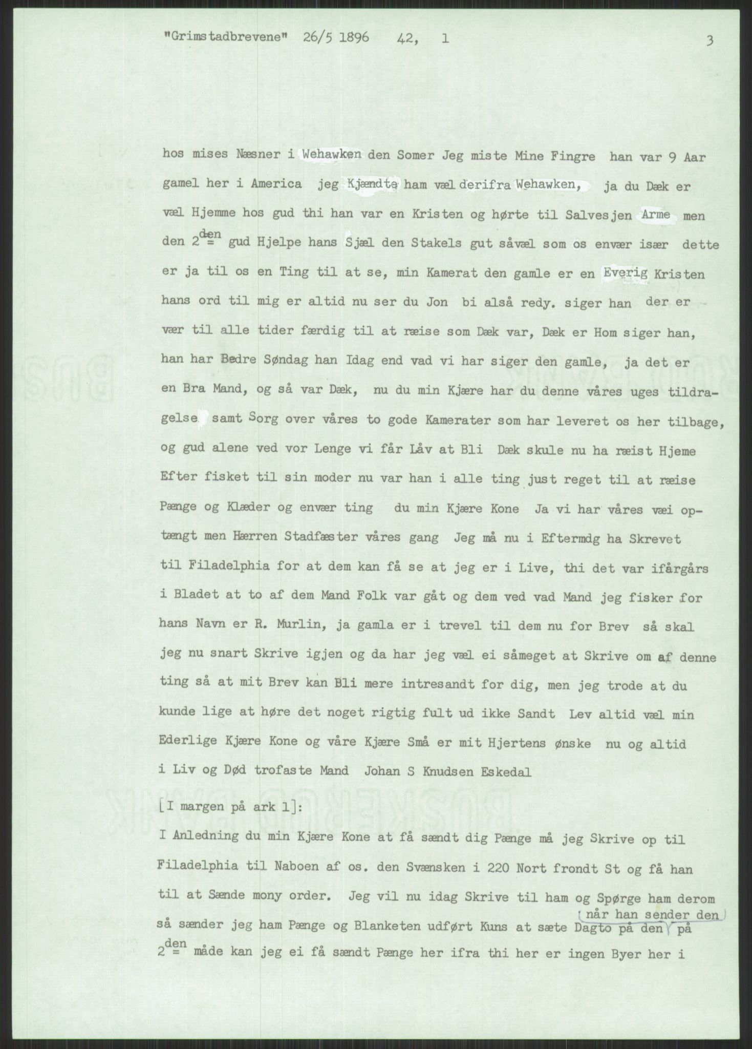 Samlinger til kildeutgivelse, Amerikabrevene, AV/RA-EA-4057/F/L0025: Innlån fra Aust-Agder: Aust-Agder-Arkivet, Grimstadbrevene, 1838-1914, p. 441