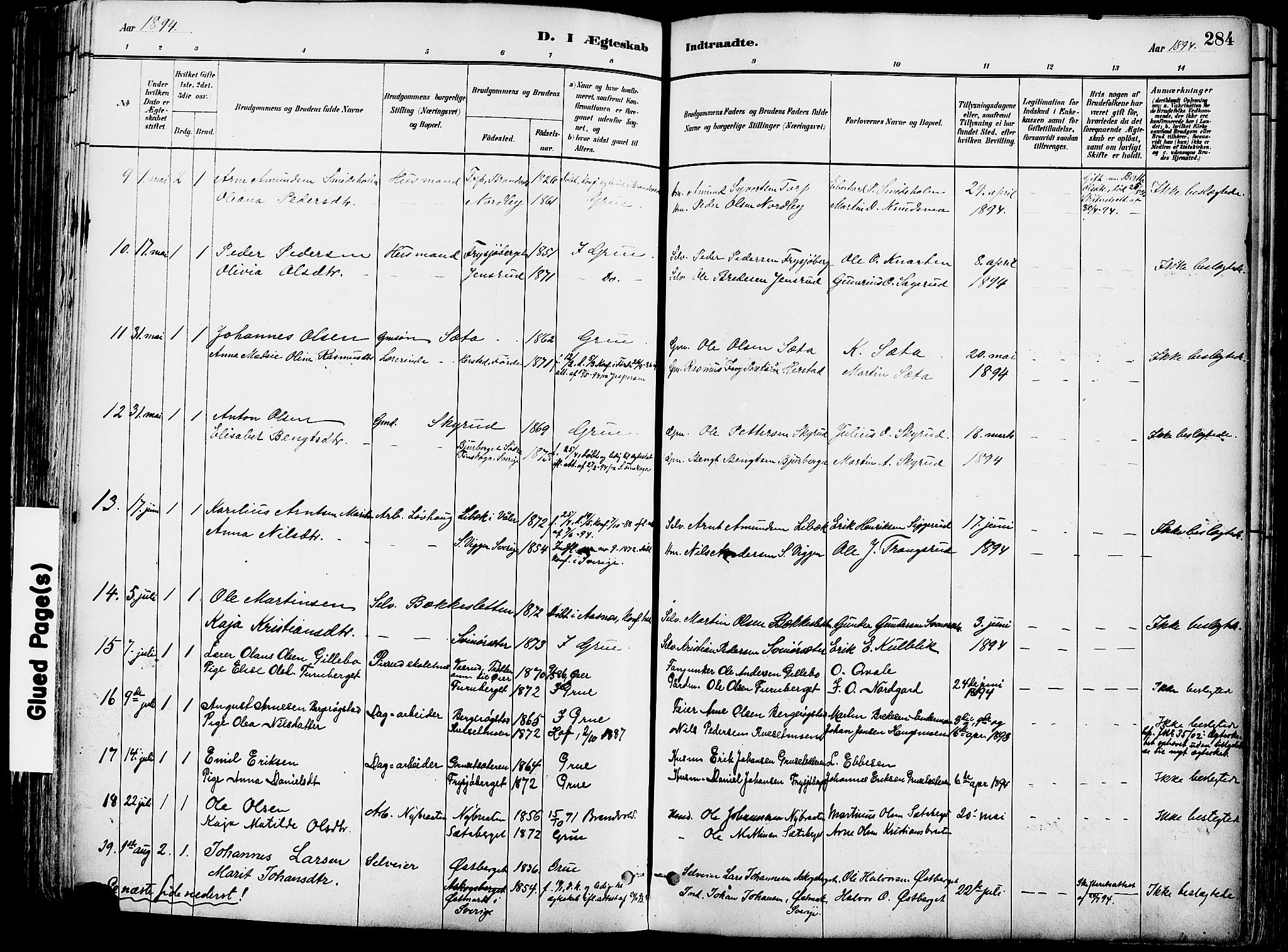 Grue prestekontor, AV/SAH-PREST-036/H/Ha/Haa/L0012: Parish register (official) no. 12, 1881-1897, p. 284