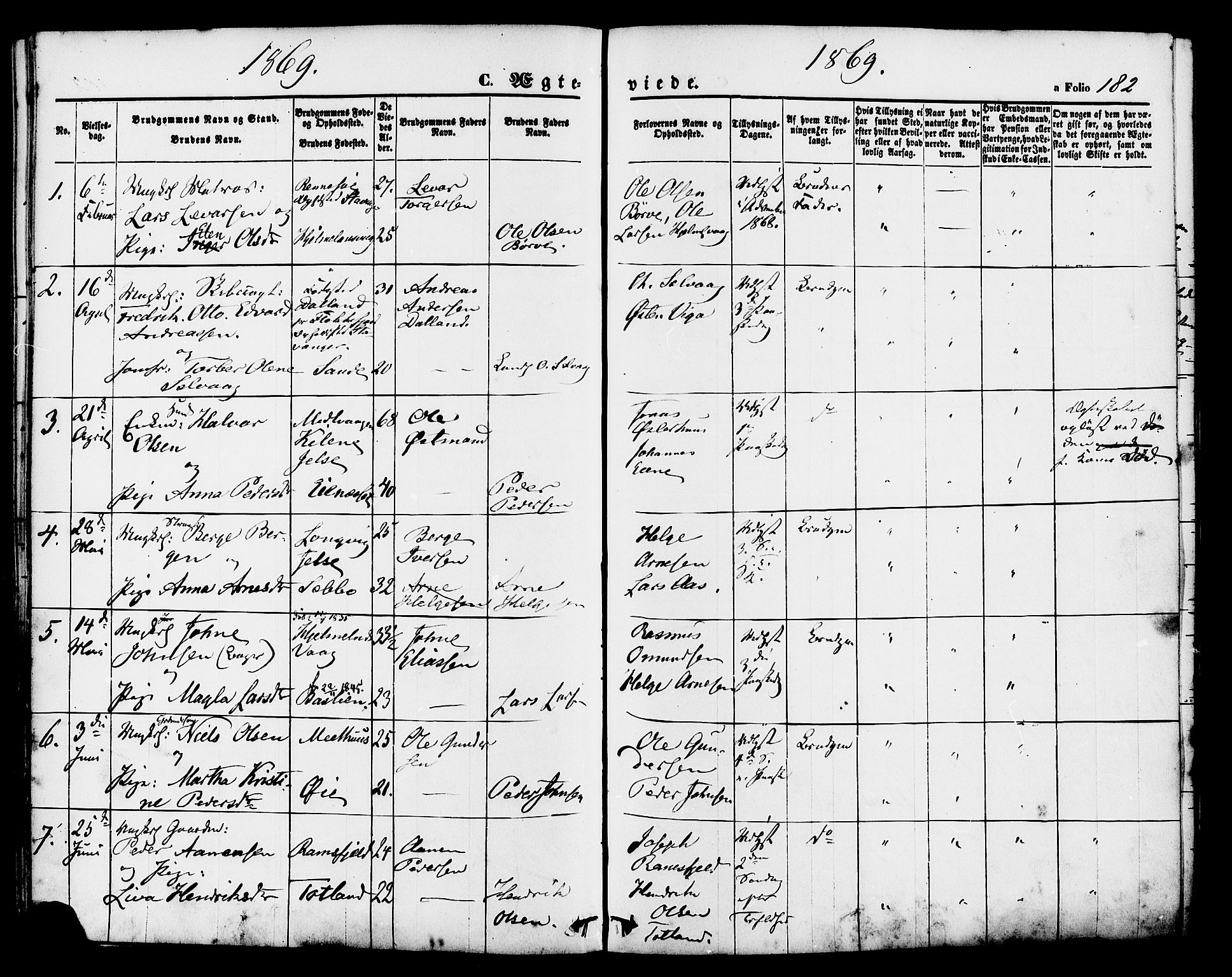 Hjelmeland sokneprestkontor, SAST/A-101843/01/IV/L0011: Parish register (official) no. A 11, 1861-1878, p. 182