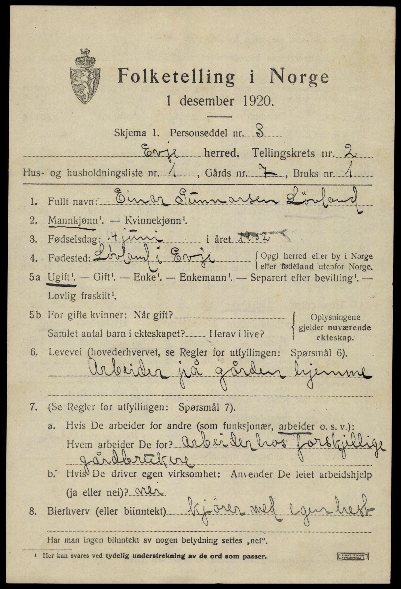 SAK, 1920 census for Evje, 1920, p. 642